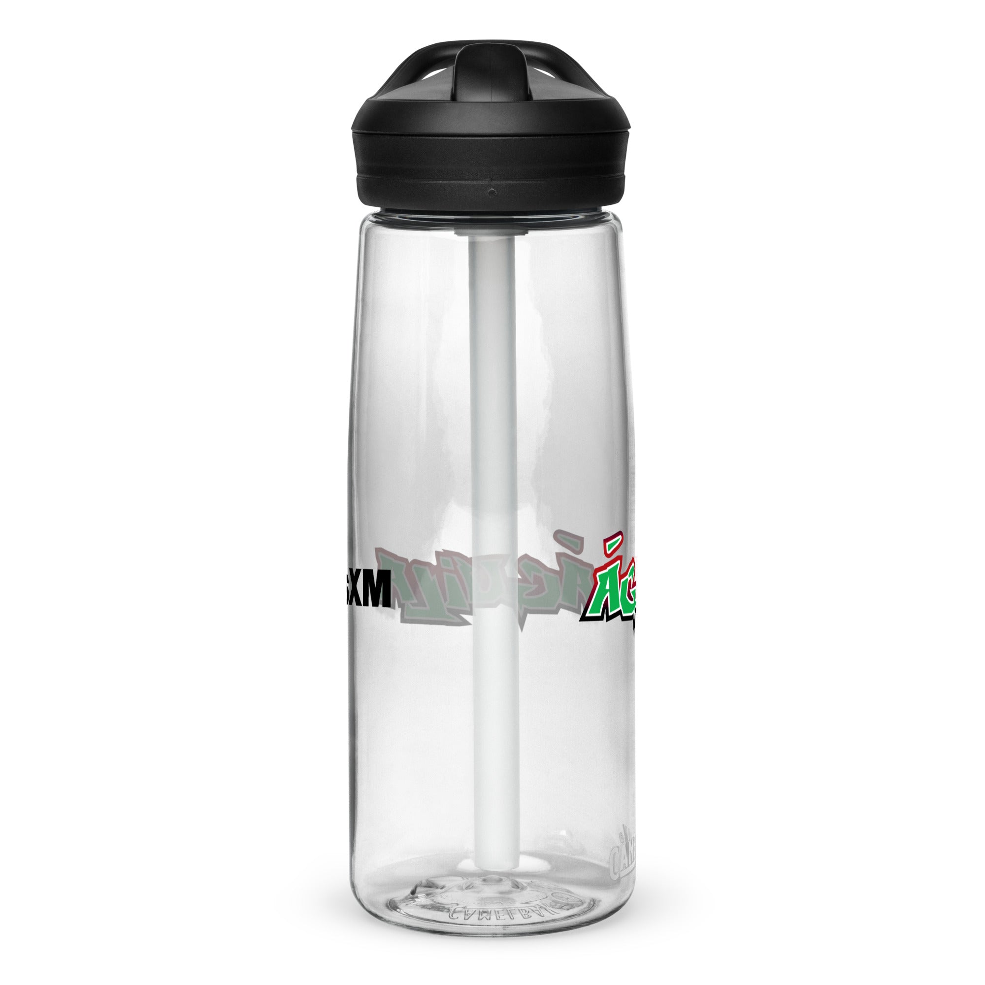 Left side of clear water bottle with partial view front and back logos.