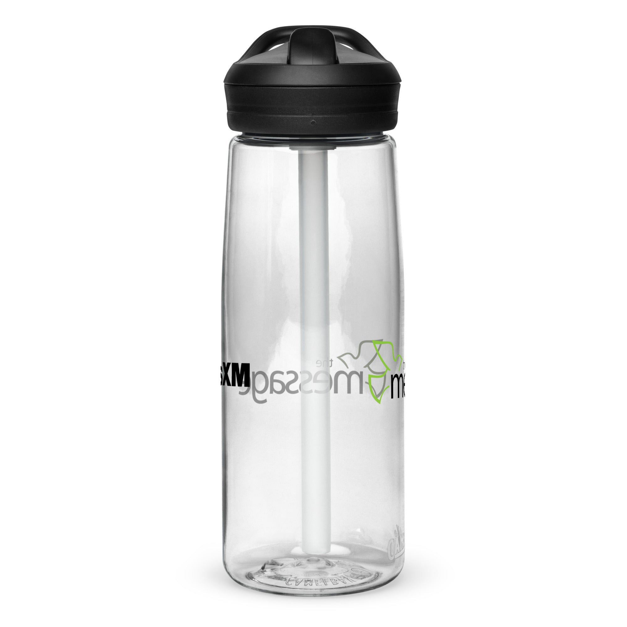 Left side of clear water bottle with partial view front and back logos.