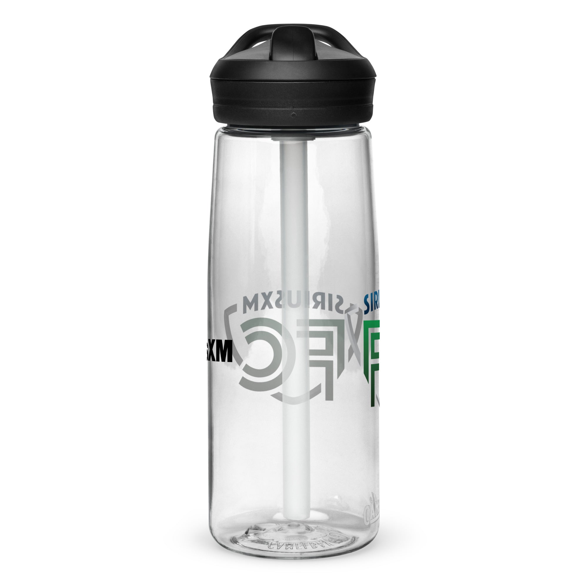 Clear water bottle with black lid and straw, featuring SiriusXM branding and a modern design.