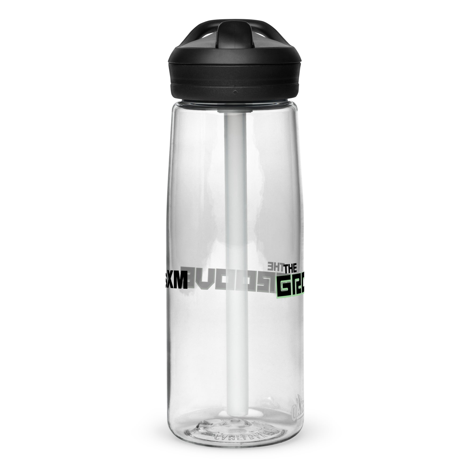 Left side of clear water bottle with partial view front and back logos.