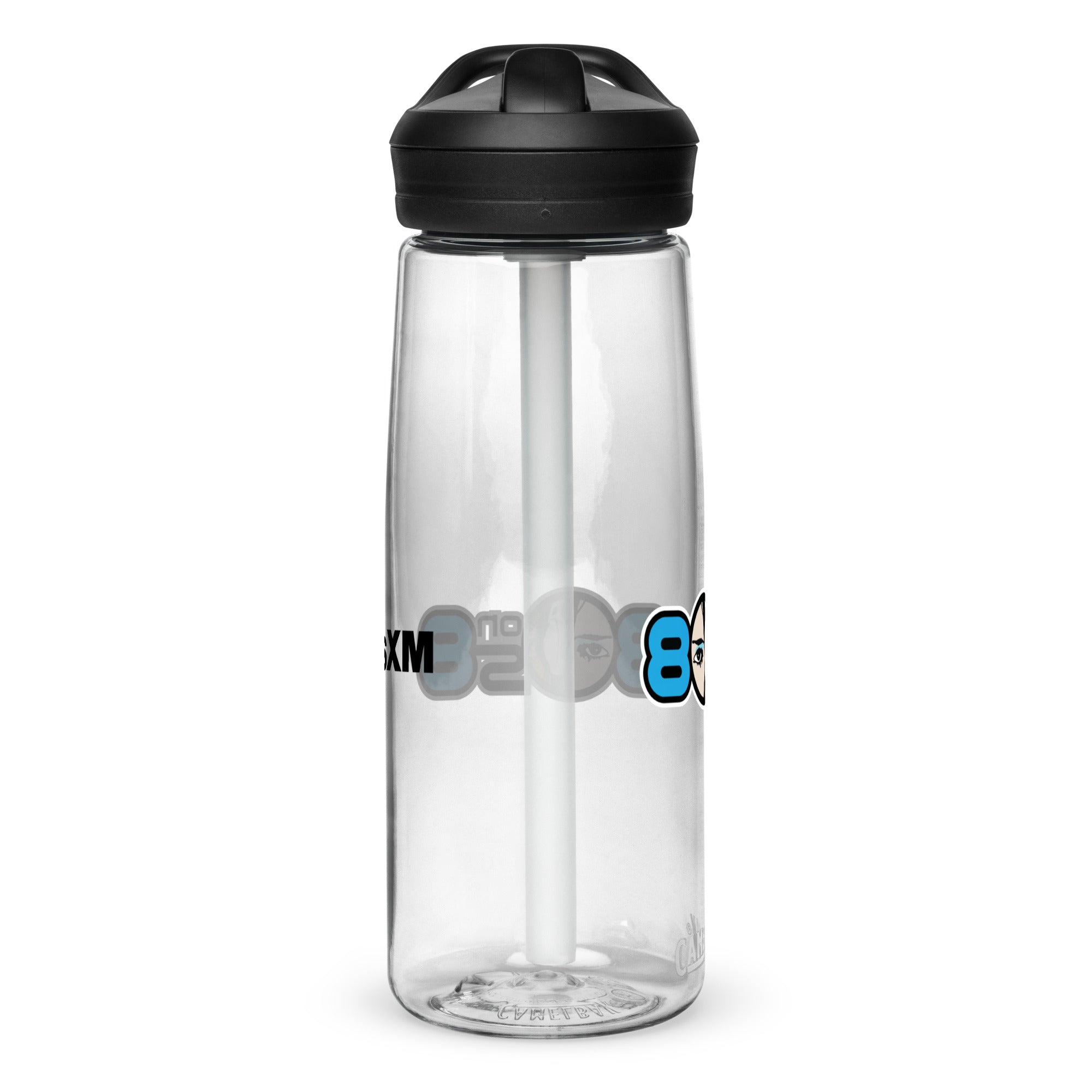 Left side of clear water bottle with partial view front and back logos.