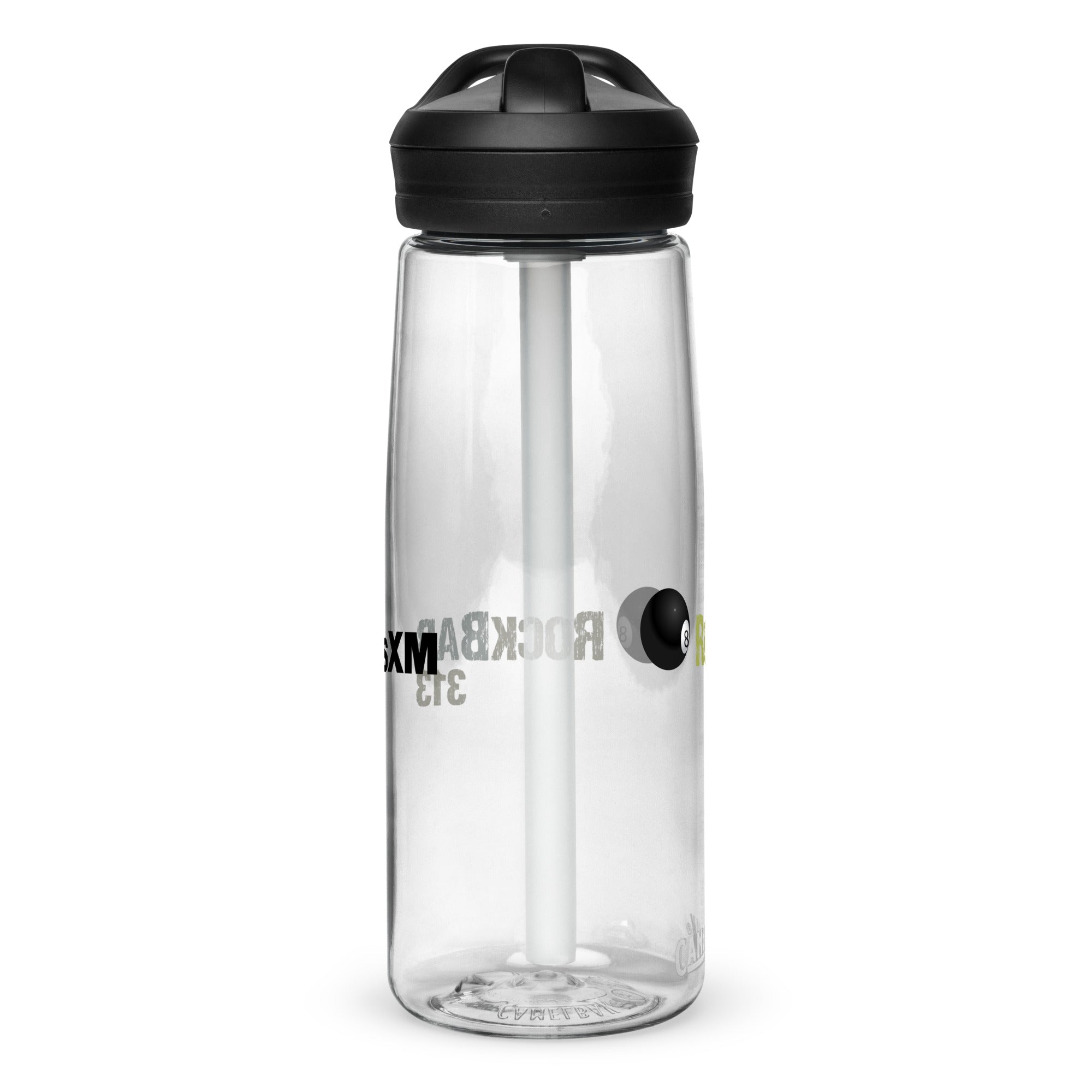 Side view of clear CamelBak sports bottle, partially featuring front and back logo designs.