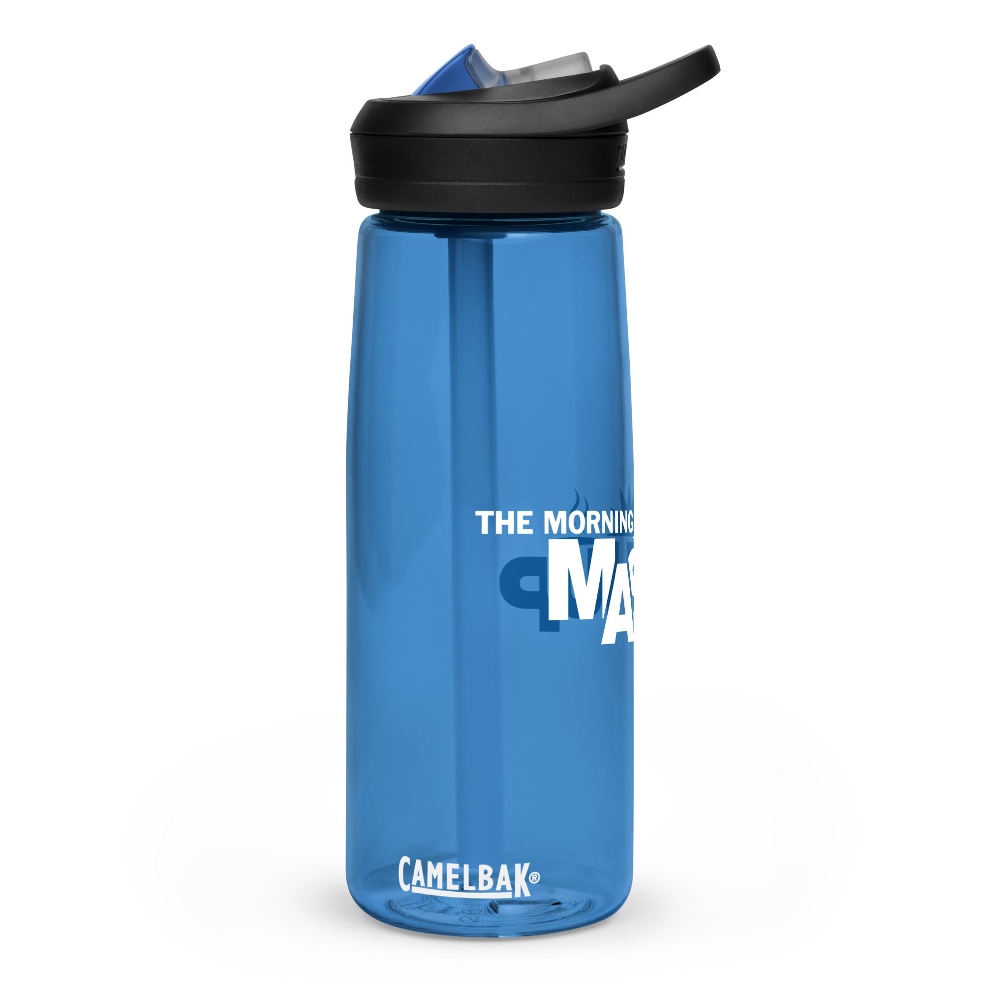 Blue water bottle with a flip-top lid and straw, featuring side of the 'THE MORNING MASHUP' logo and the brand name 'CAMELBAK' at the bottom.