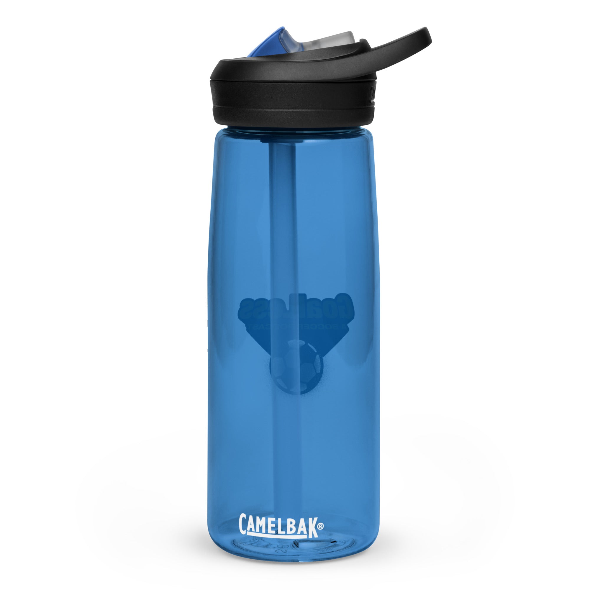 Clear blue water bottle with a black lid, featuring the CamelBak logo.