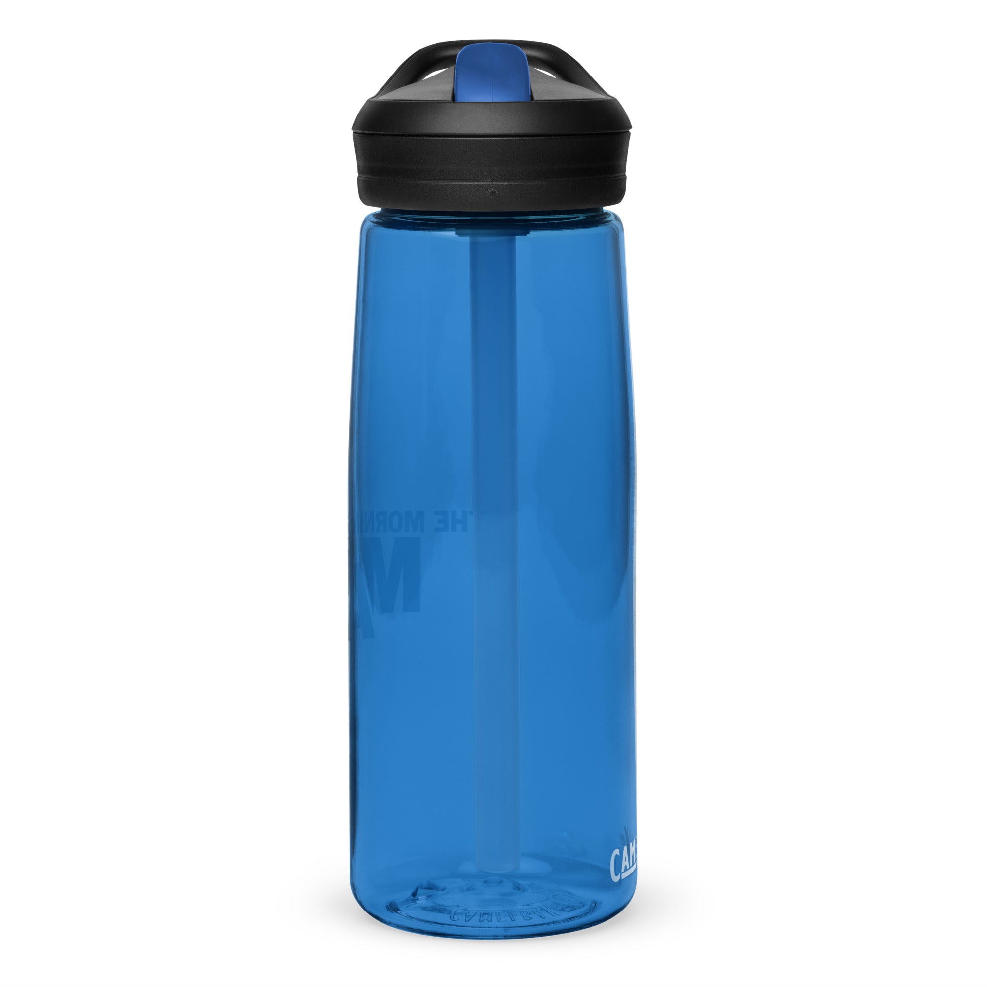 Transparent blue water bottle with a black lid.