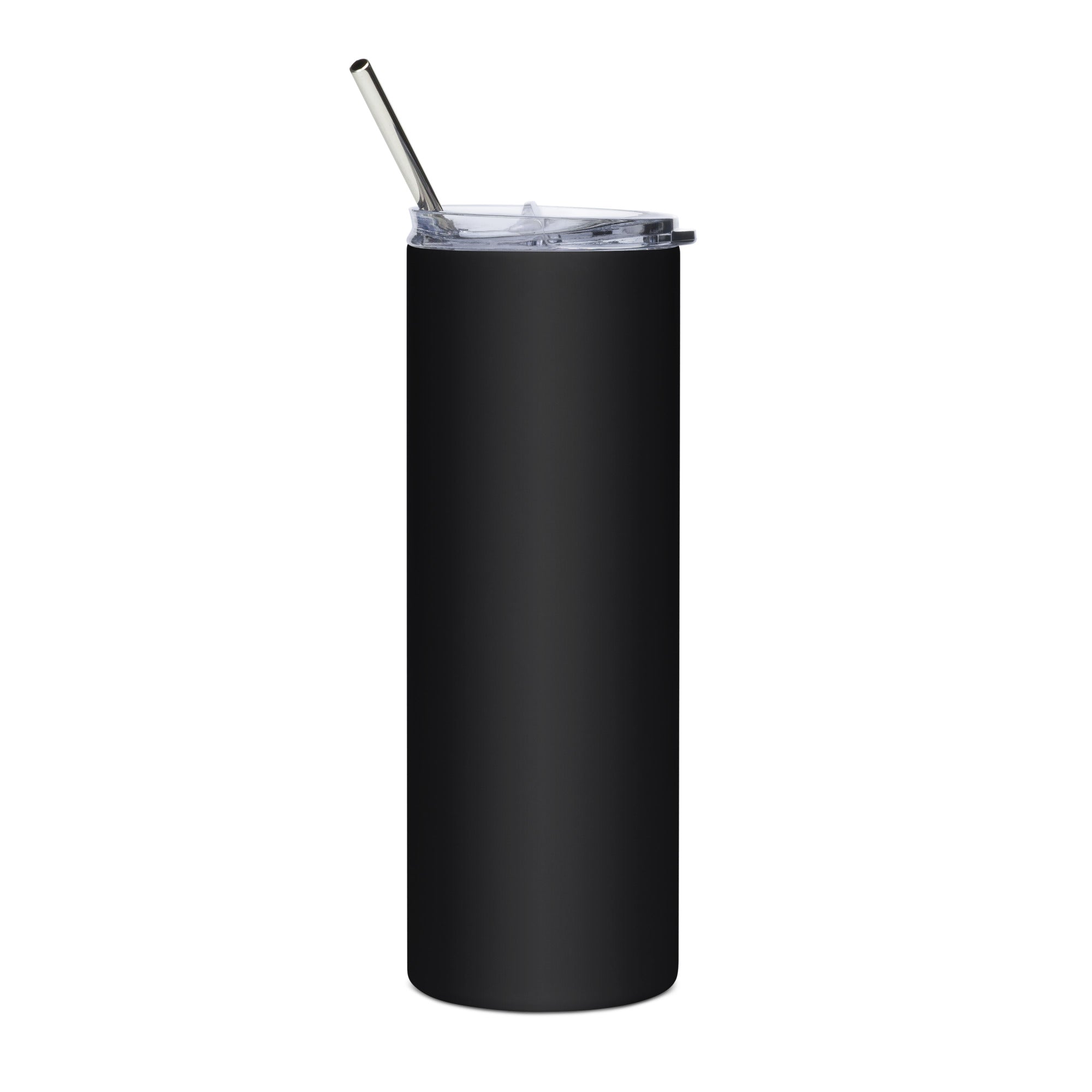 Back of black stainless steel tumbler with a clear lid and metal straw.