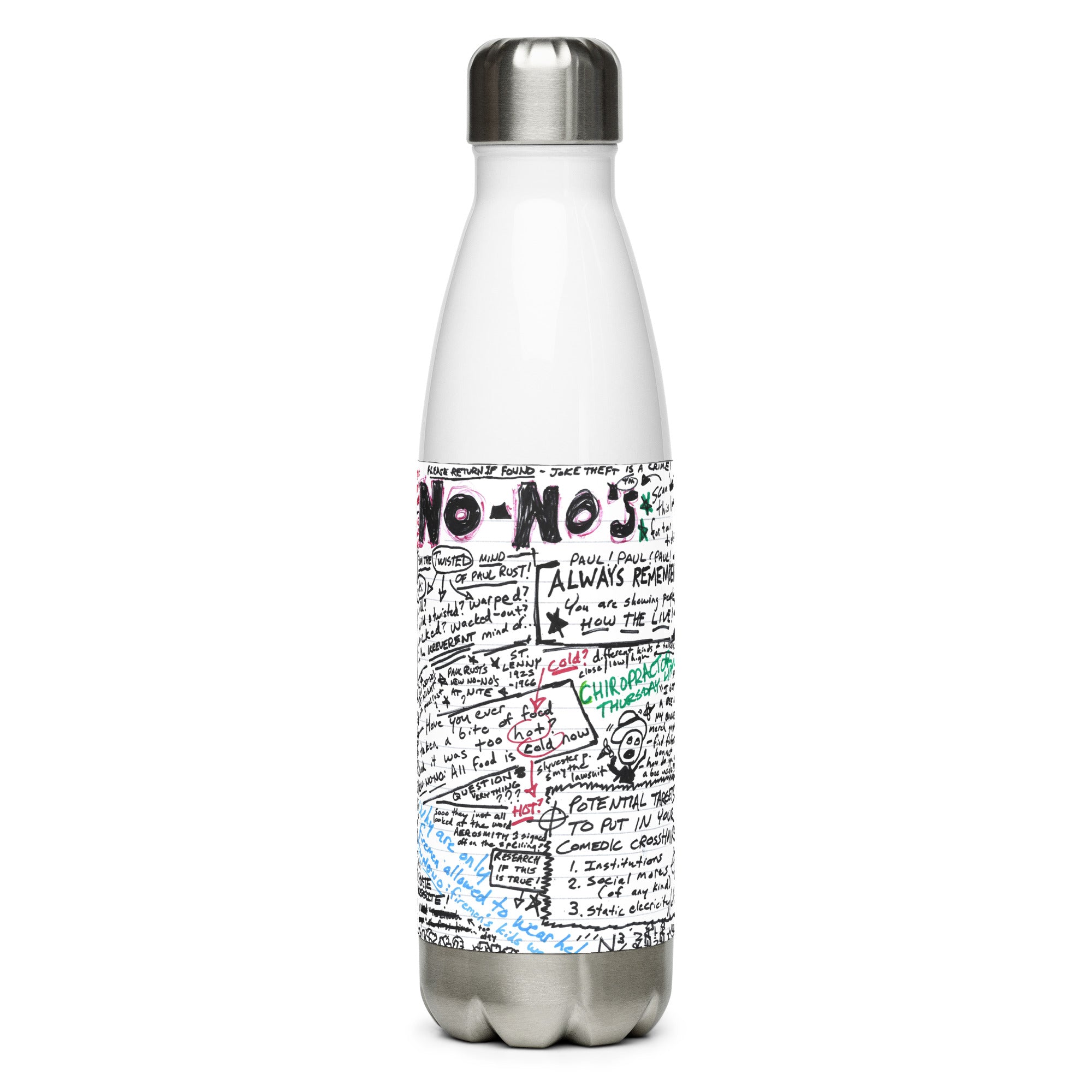 Left side view of white metal water bottle covered in hand-written style doodles and text, featuring the words 'No Nos.'