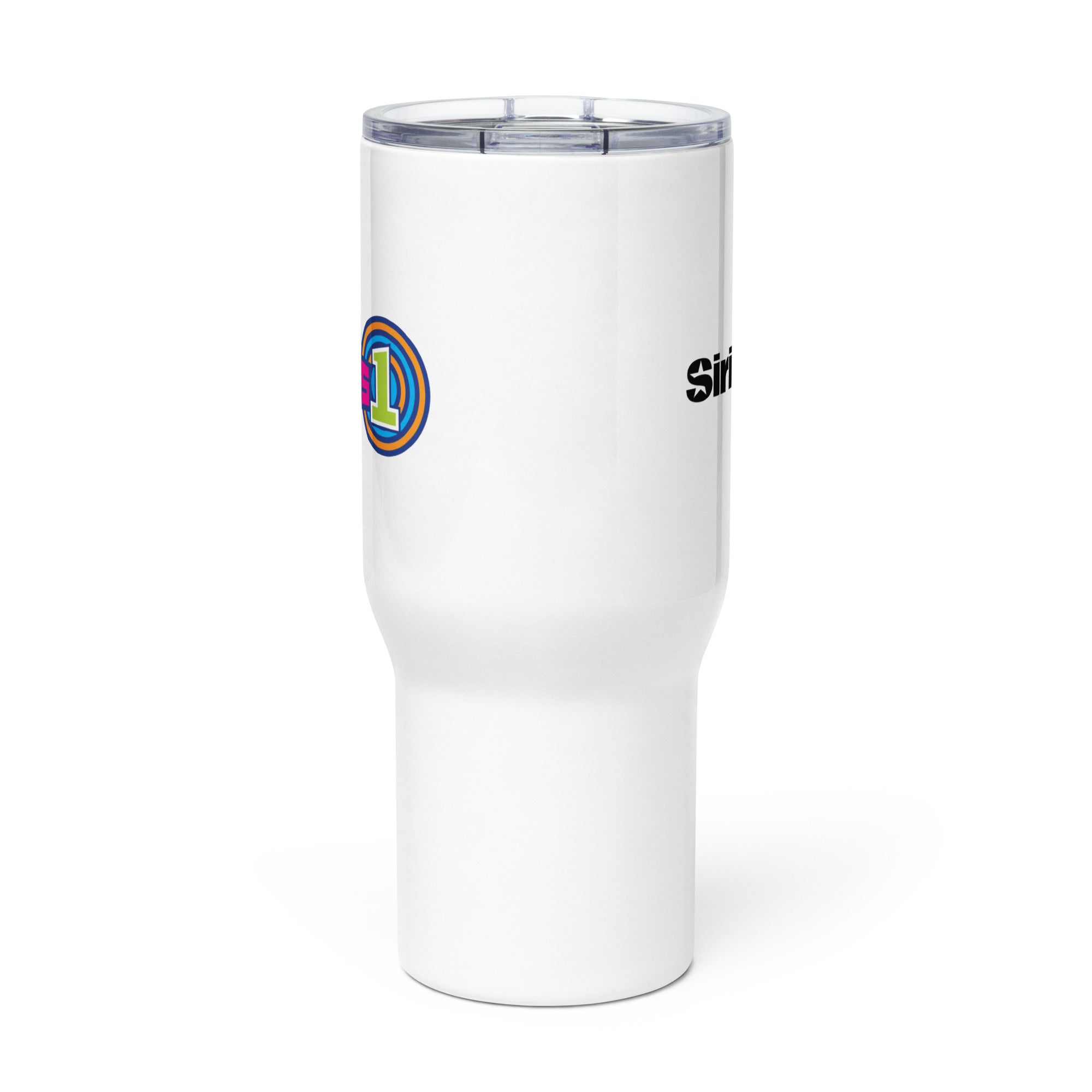 Side view of white insulated travel mug with partial view of front and back logos.