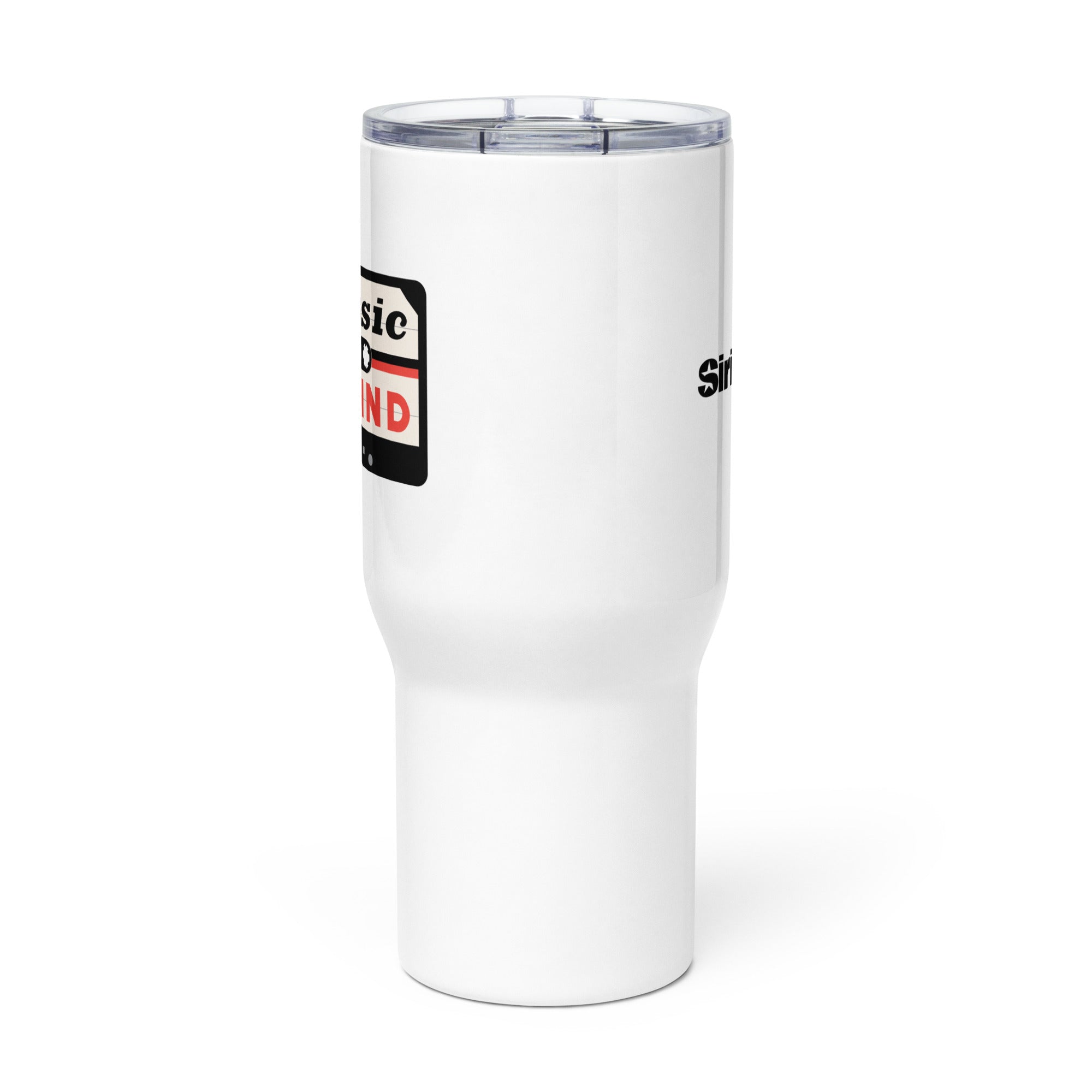 Side view of white insulated travel mug with partial view of front and back logos.