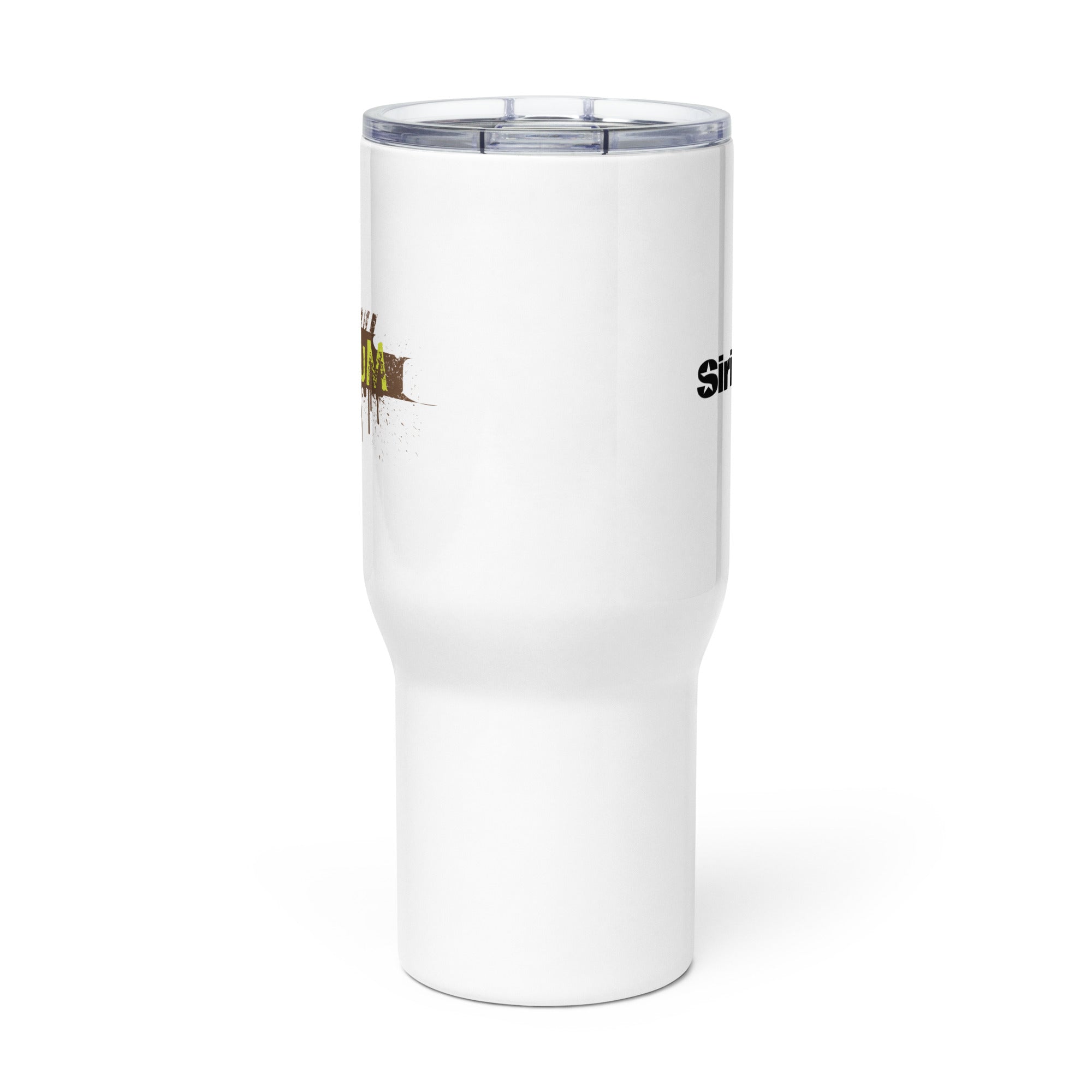 Side view of white insulated travel mug with partial view of front and back logos.