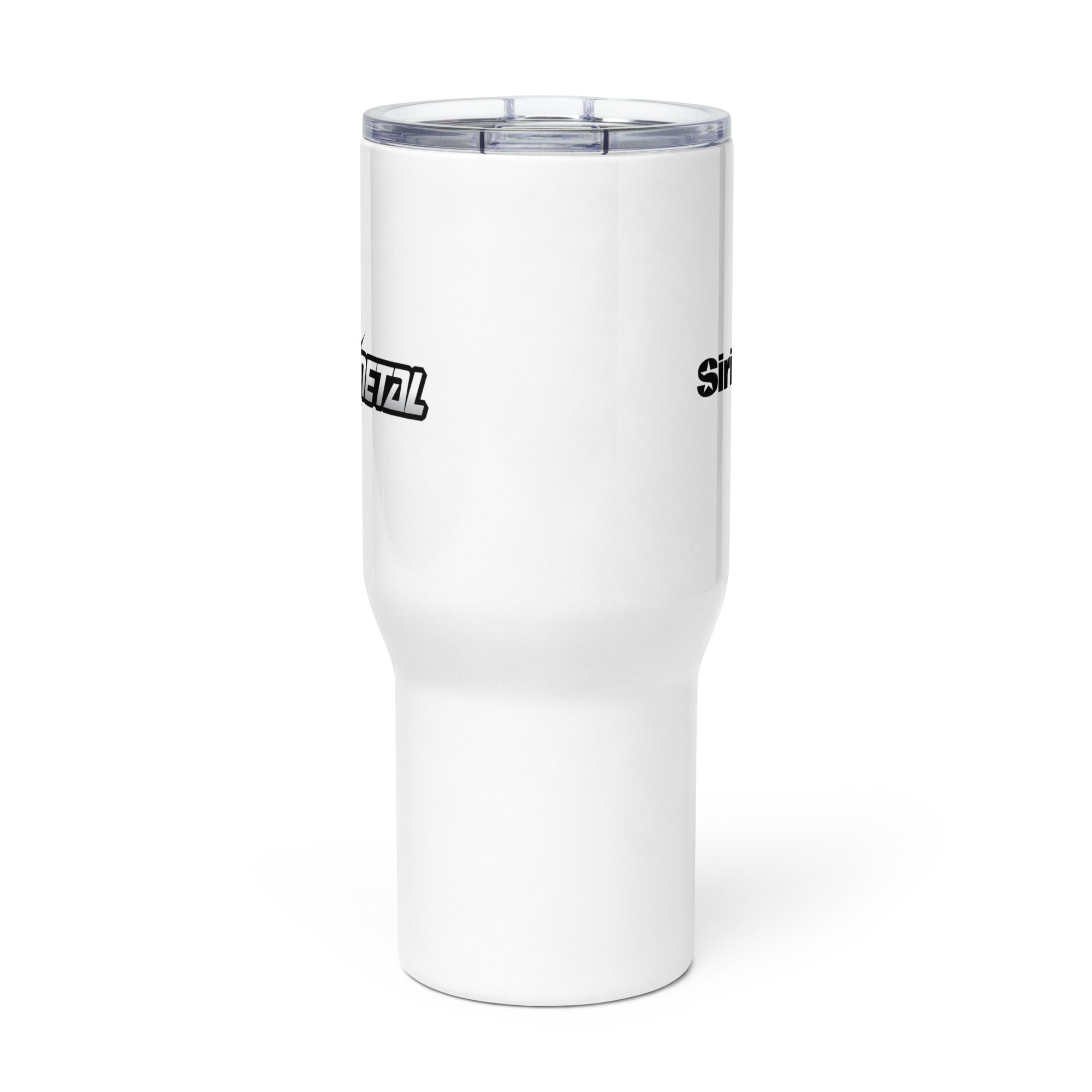 Side view of white insulated travel mug with partial view of front and back logos.