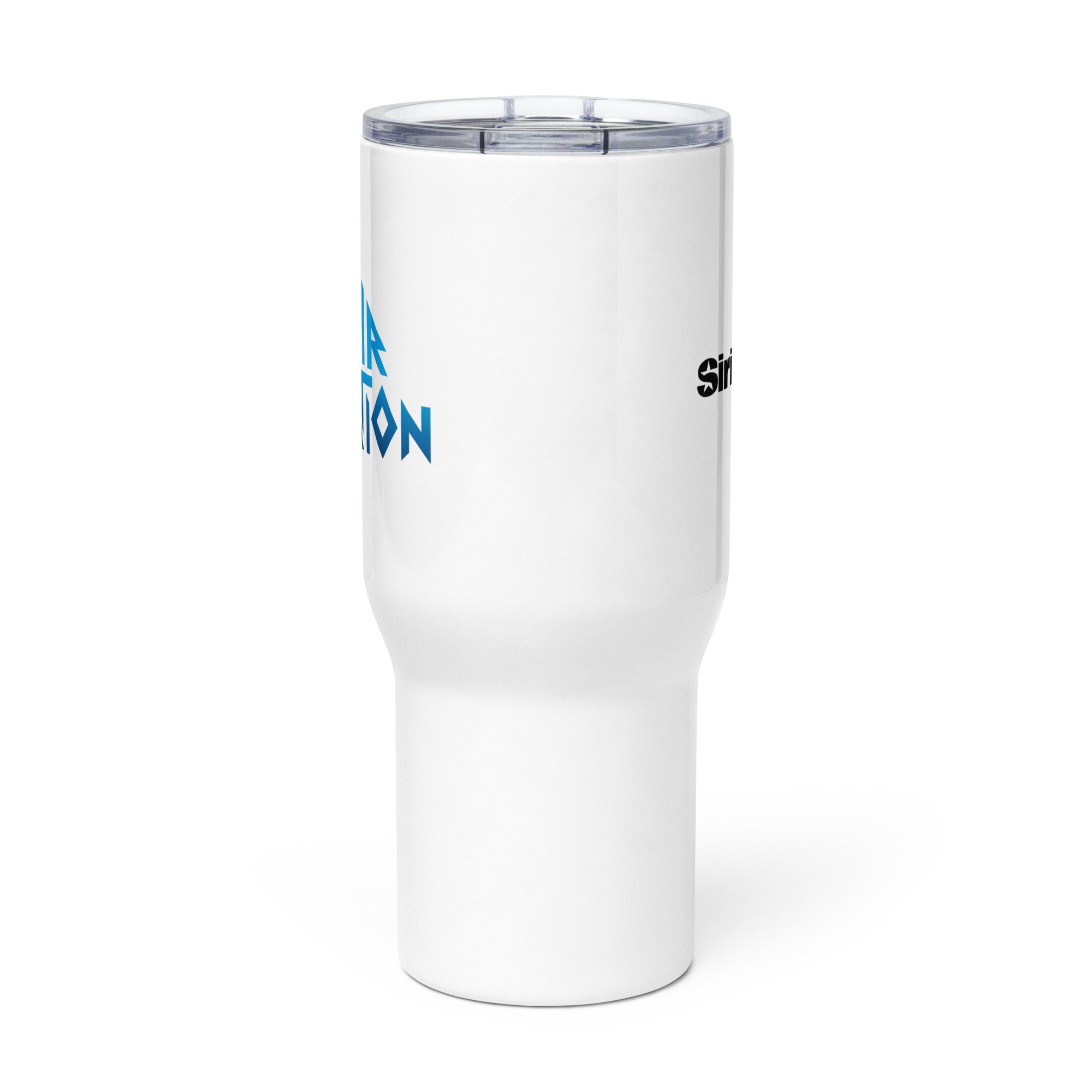 Side view of white insulated travel mug with partial view of front and back logos.