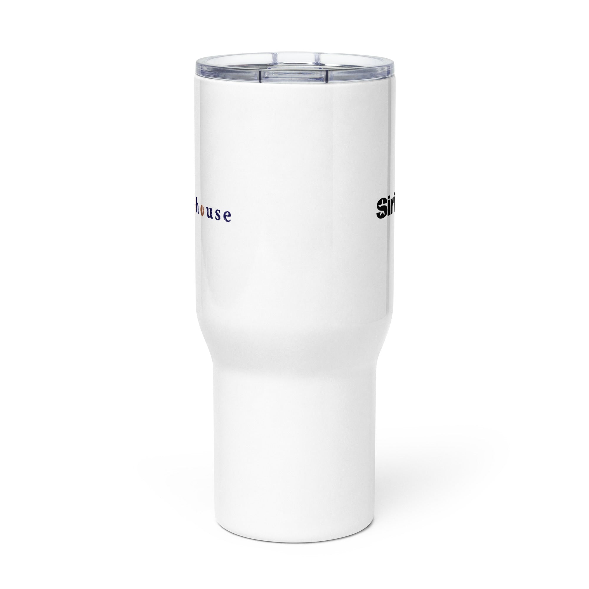 Side view of white insulated travel mug with partial view of front and back logos.