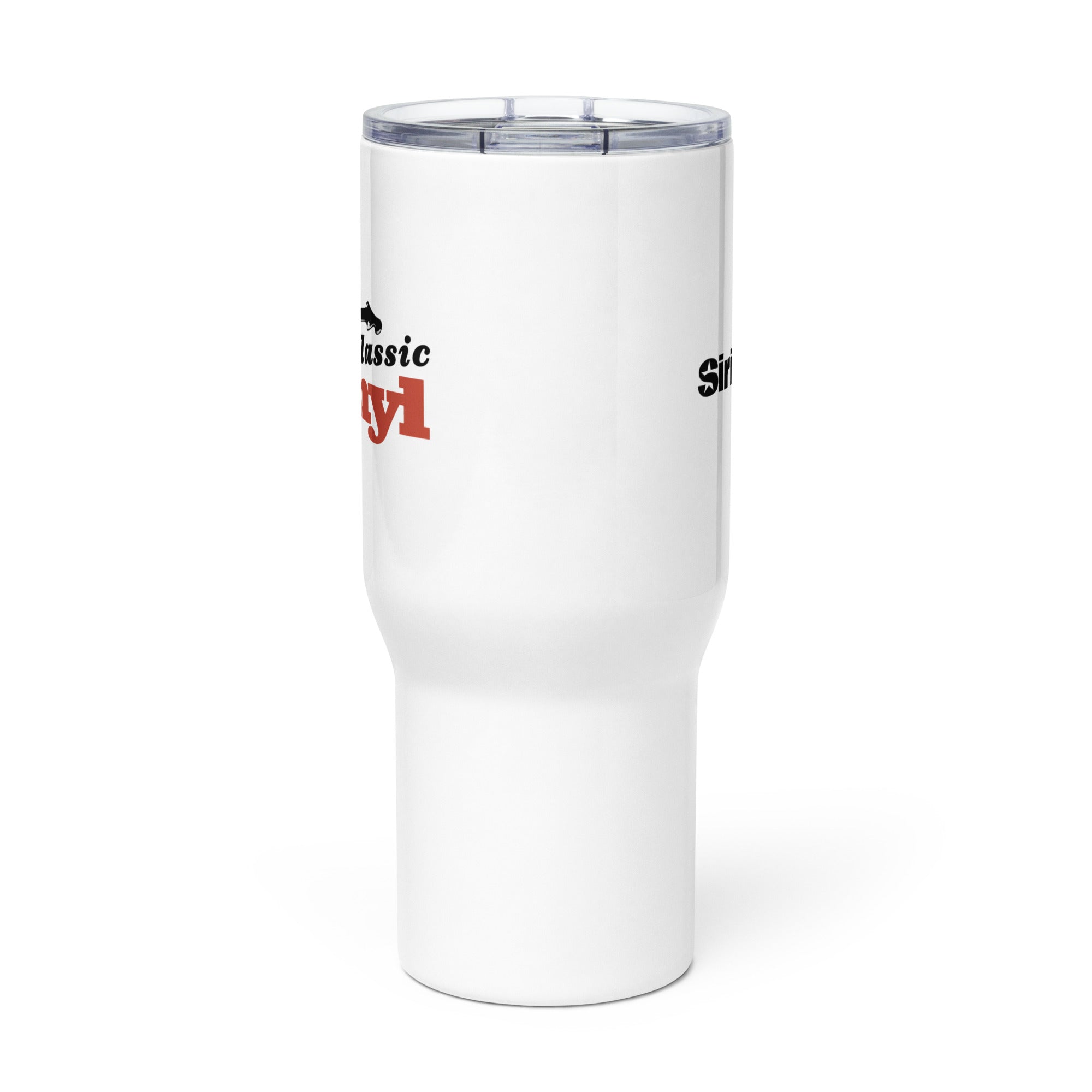 Side view of white insulated travel mug with partial view of front and back logos.