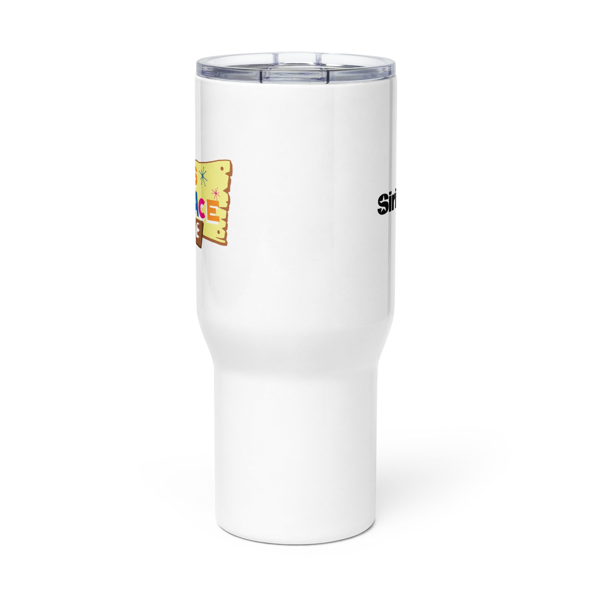 Side view of white insulated travel mug with partial view of front and back logos.