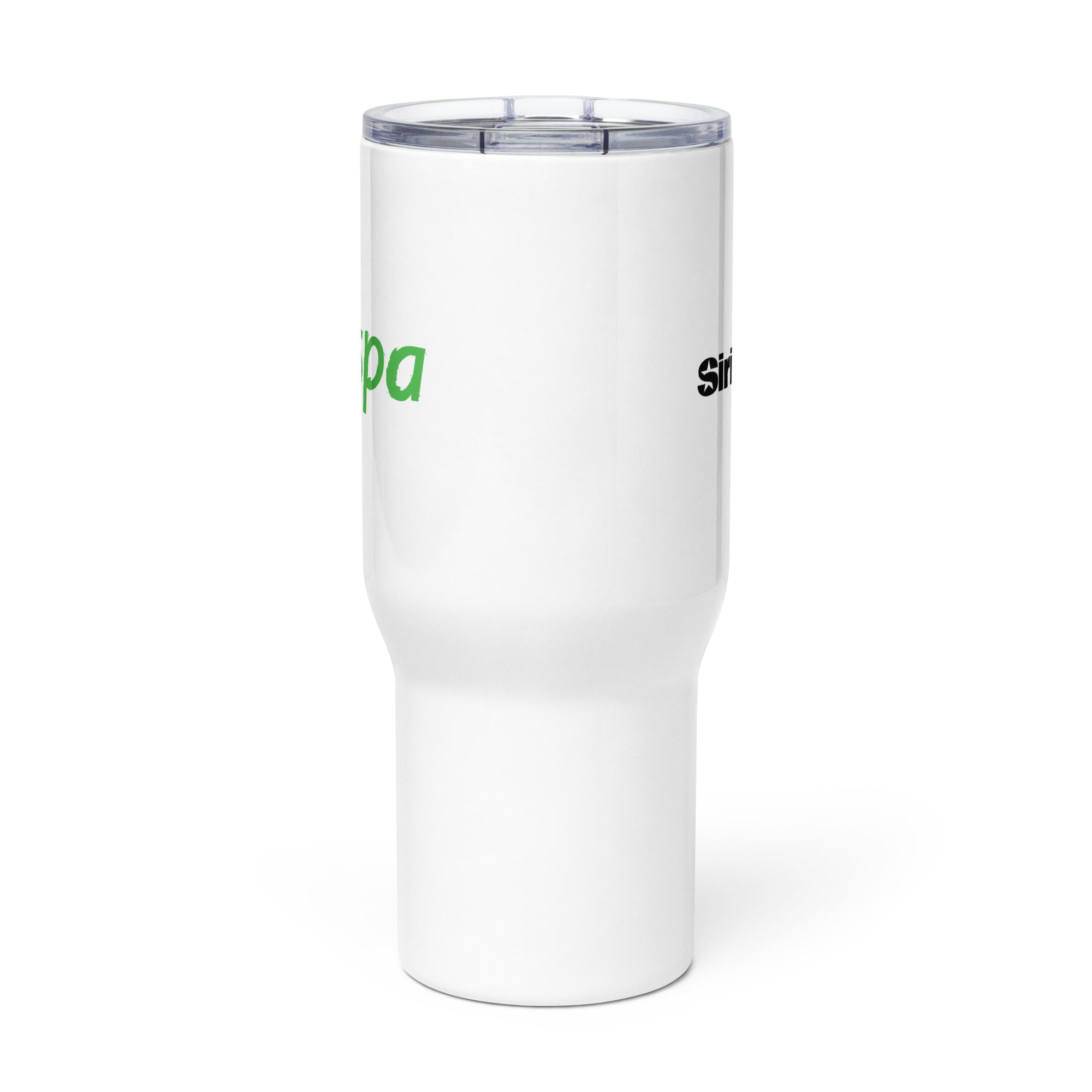 Side view of white insulated travel mug with partial view of front and back logos.