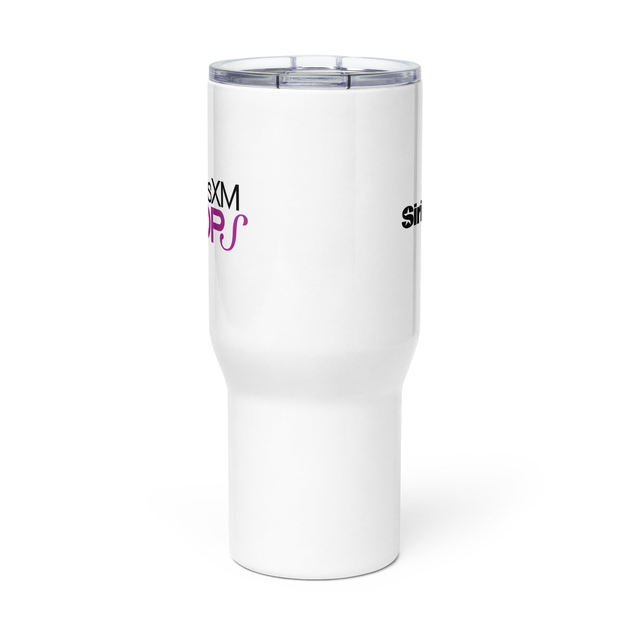 Side view of white insulated travel mug with partial view of front and back logos.