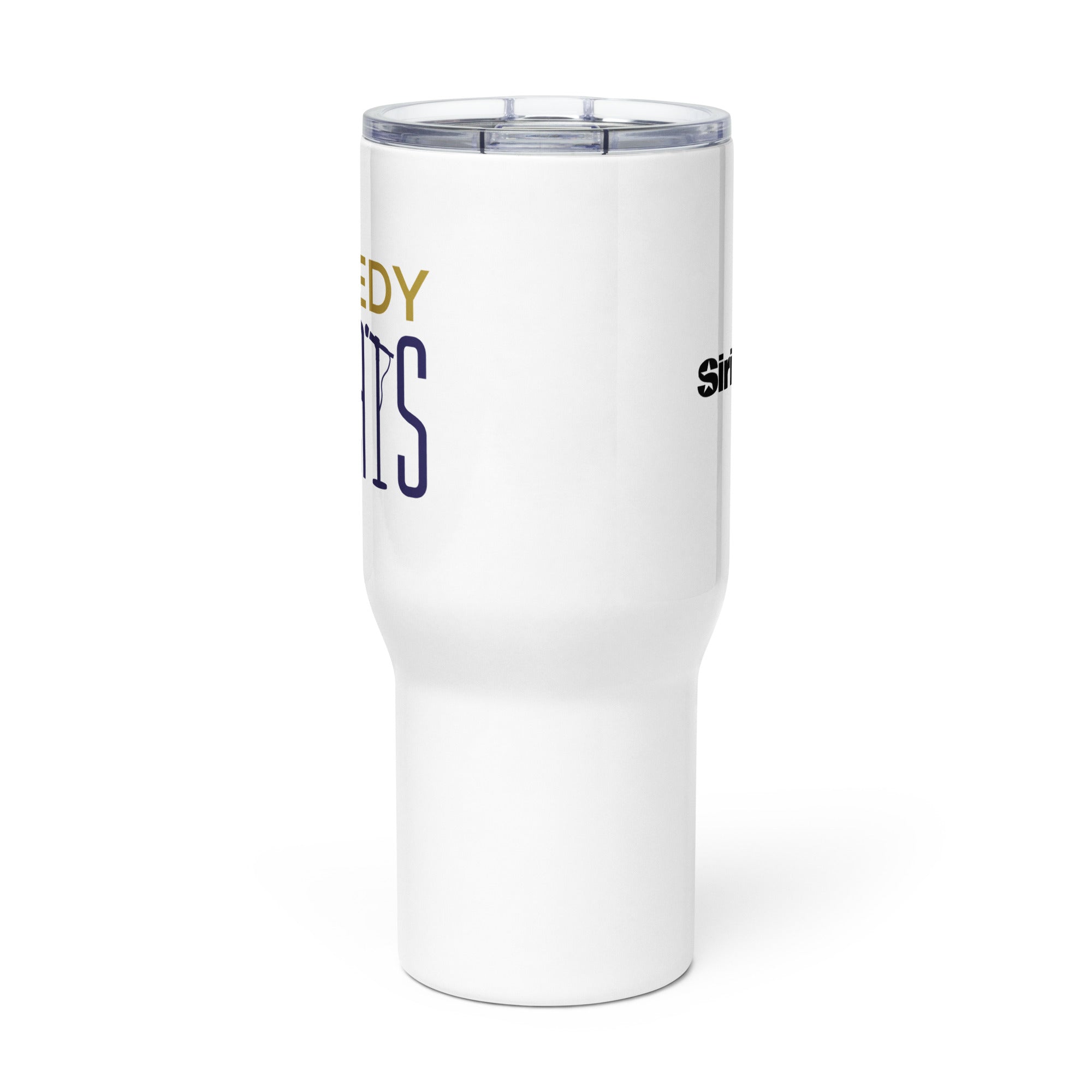 Side view of white insulated travel mug with partial view of front and back logos.