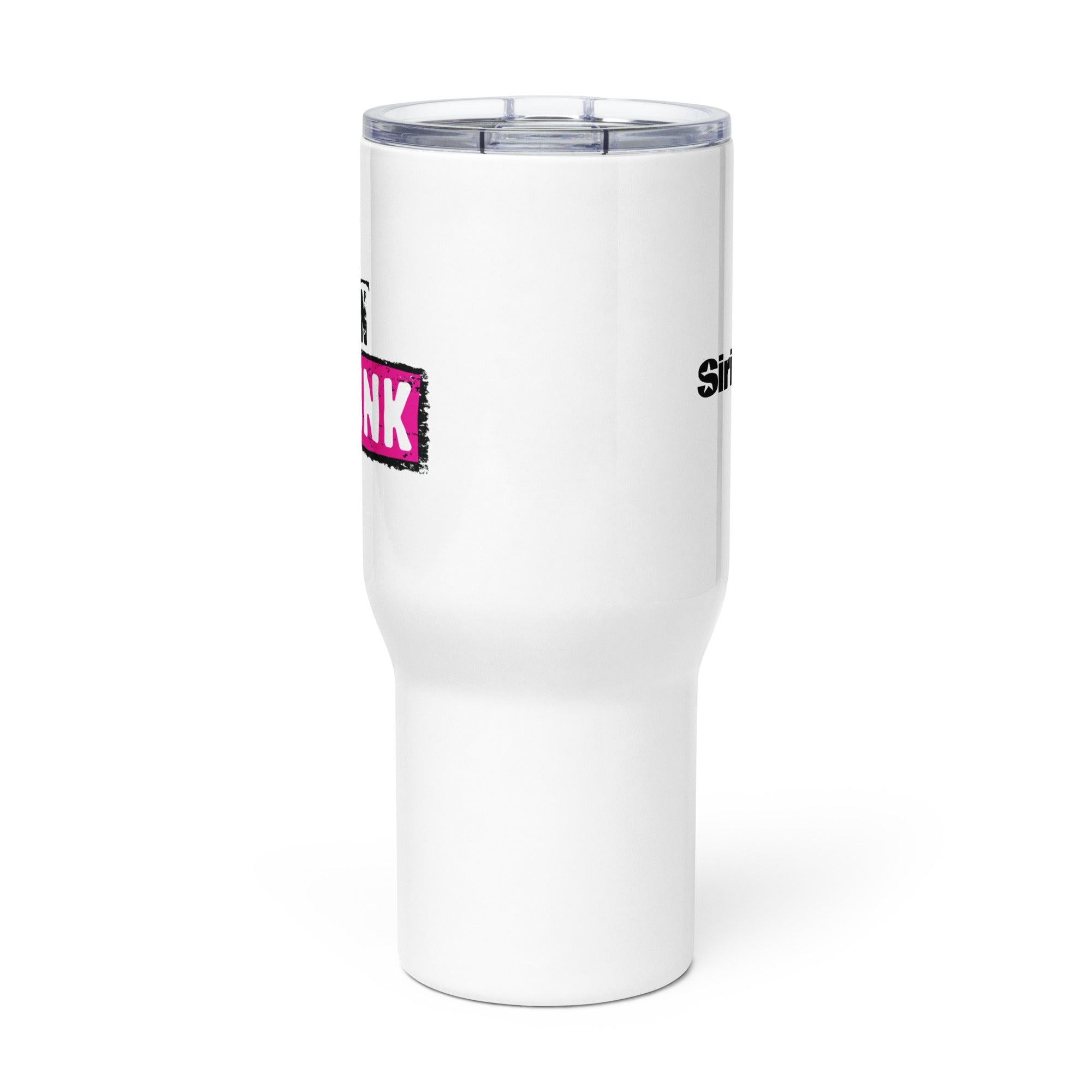 Side view of white insulated travel mug with partial view of front and back logos.