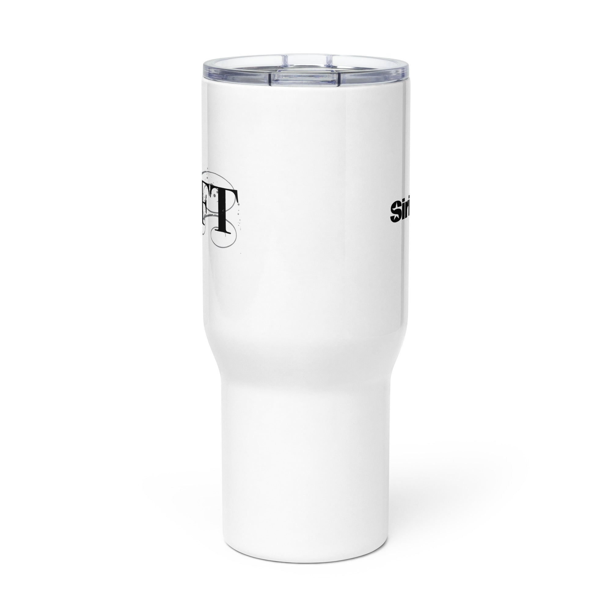 Side view of white insulated travel mug with partial view of front and back logos.