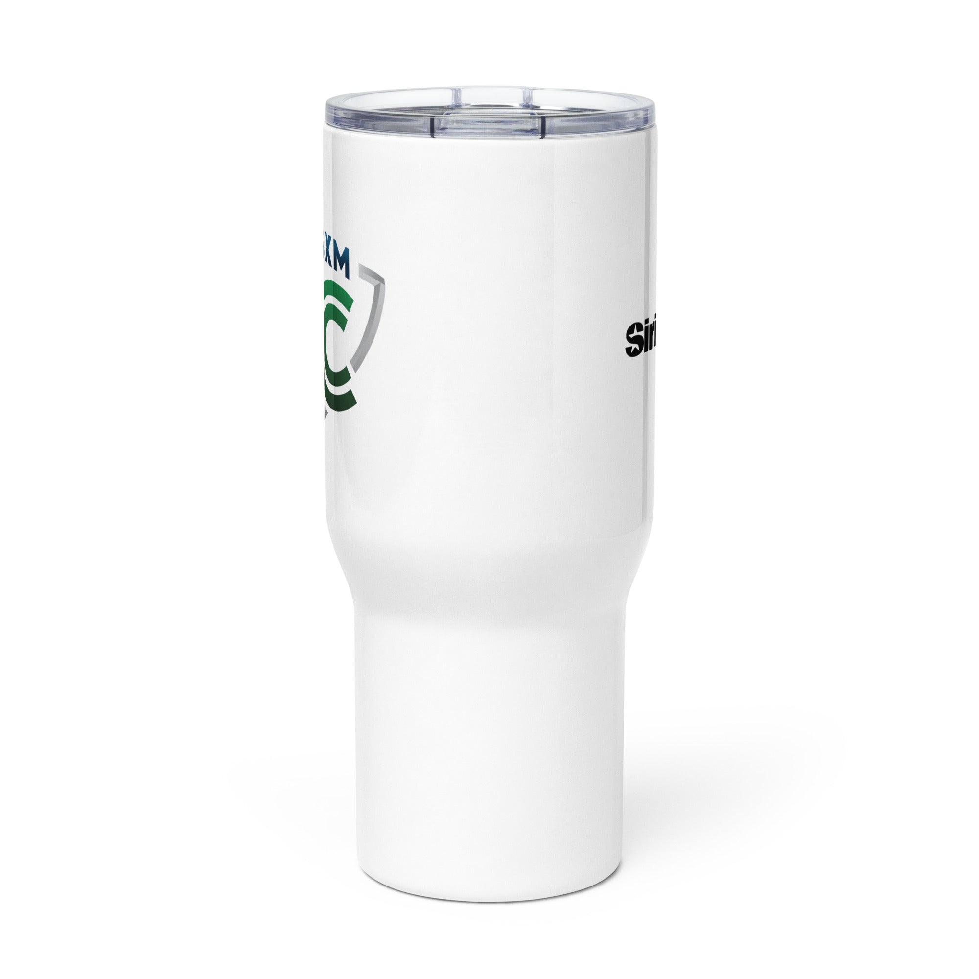 Side view of white insulated travel mug with partial view of front and back logos.