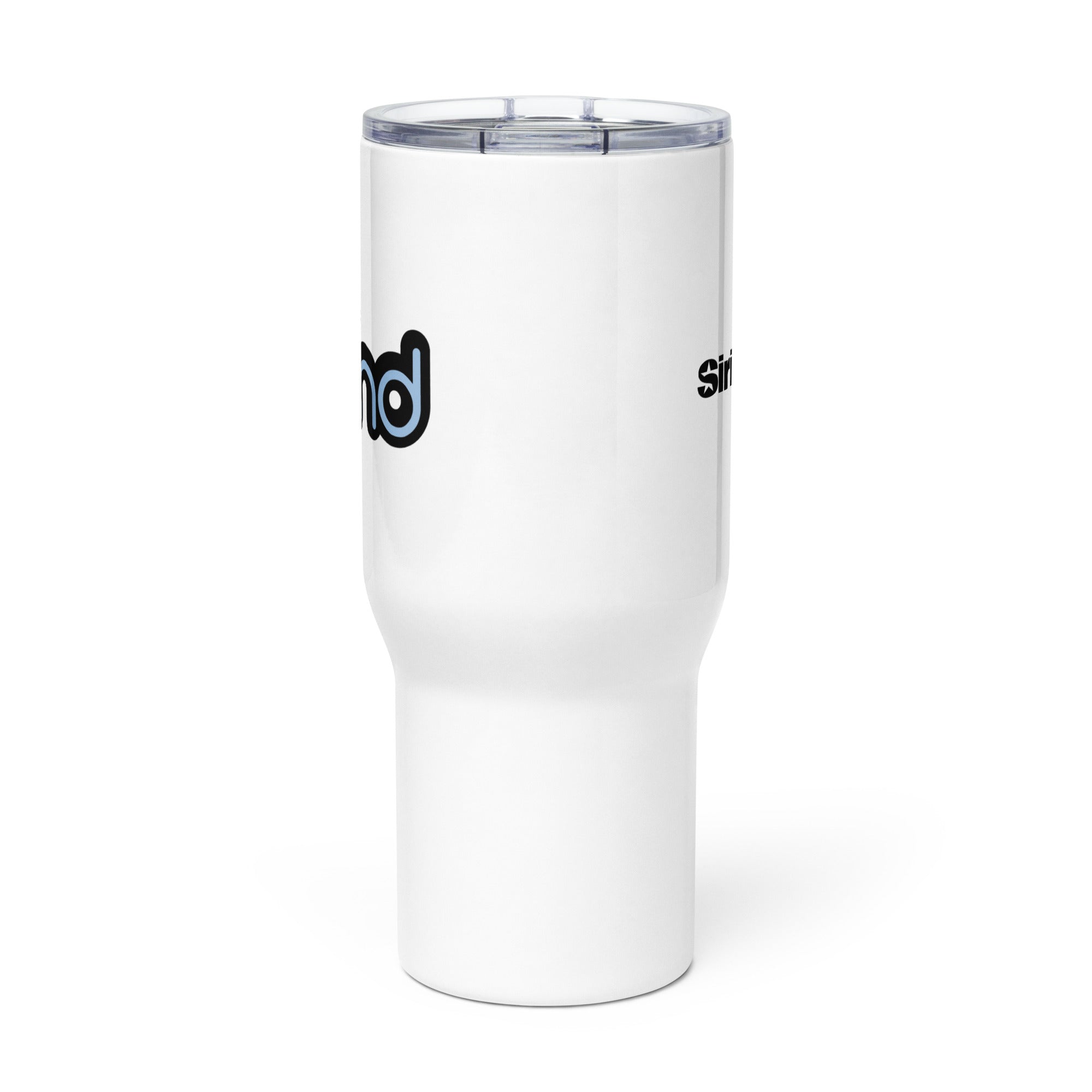 Side view of white insulated travel mug with partial view of front and back logos.