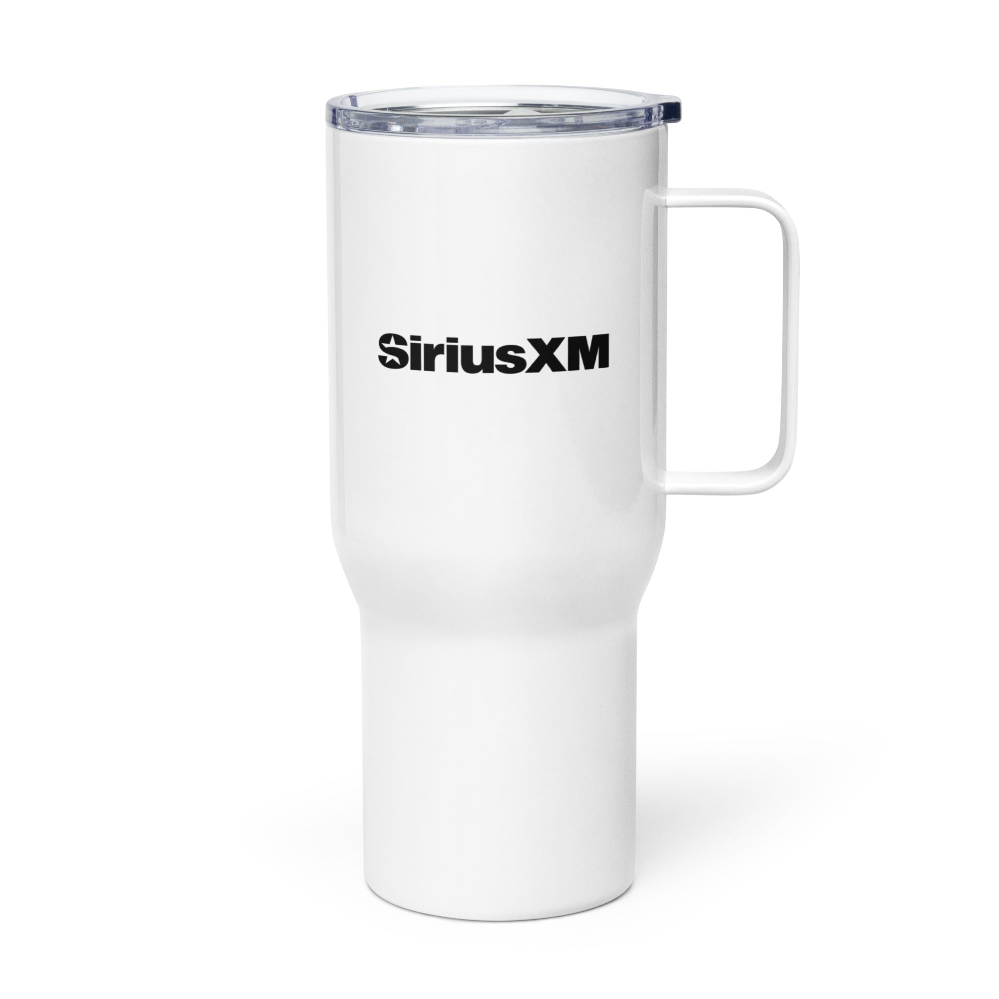 Back side of white travel mug with clear lid, strudy handle and a black 'SiriusXM' logo.