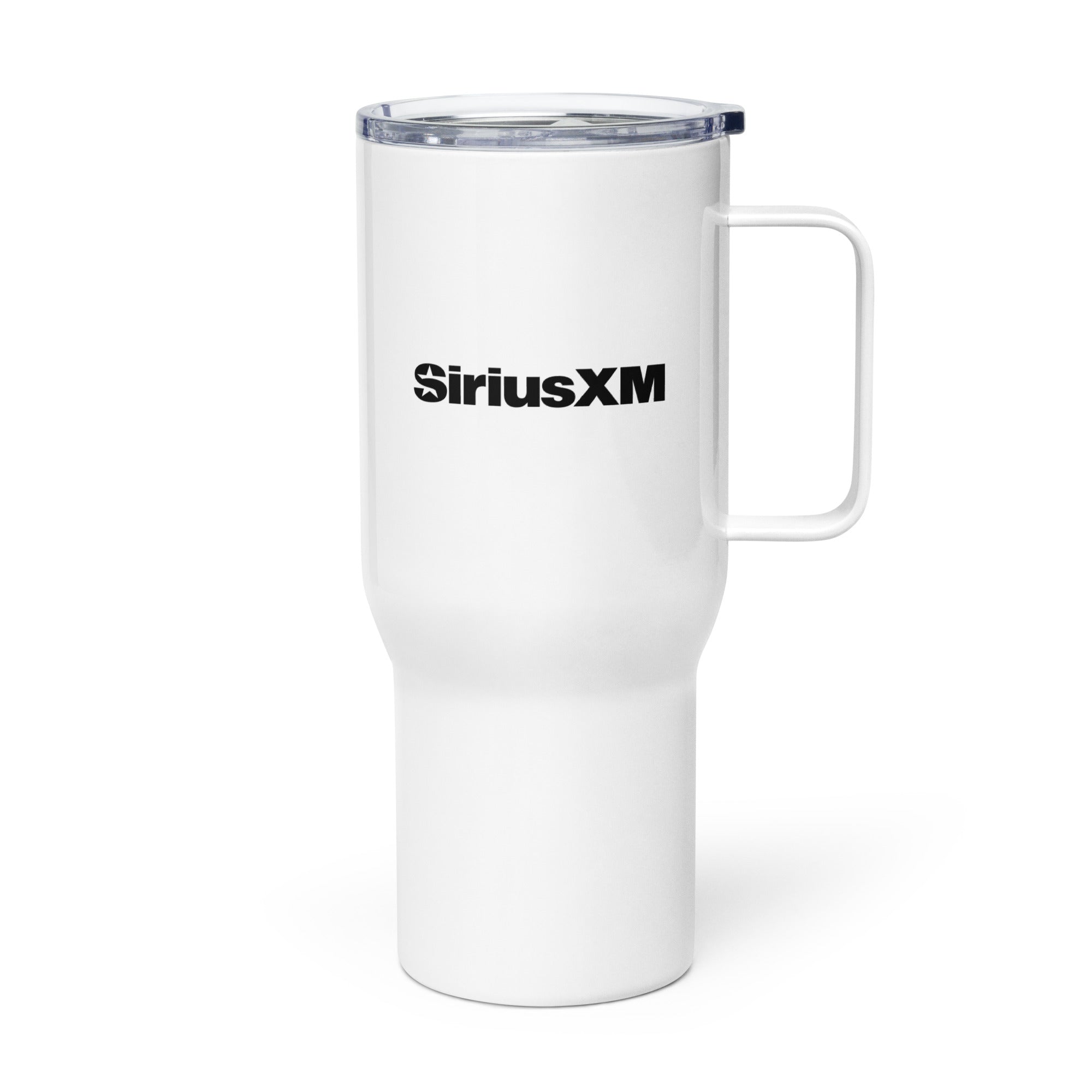 Back side of white travel mug with clear lid, strudy handle and a black 'SiriusXM' logo.