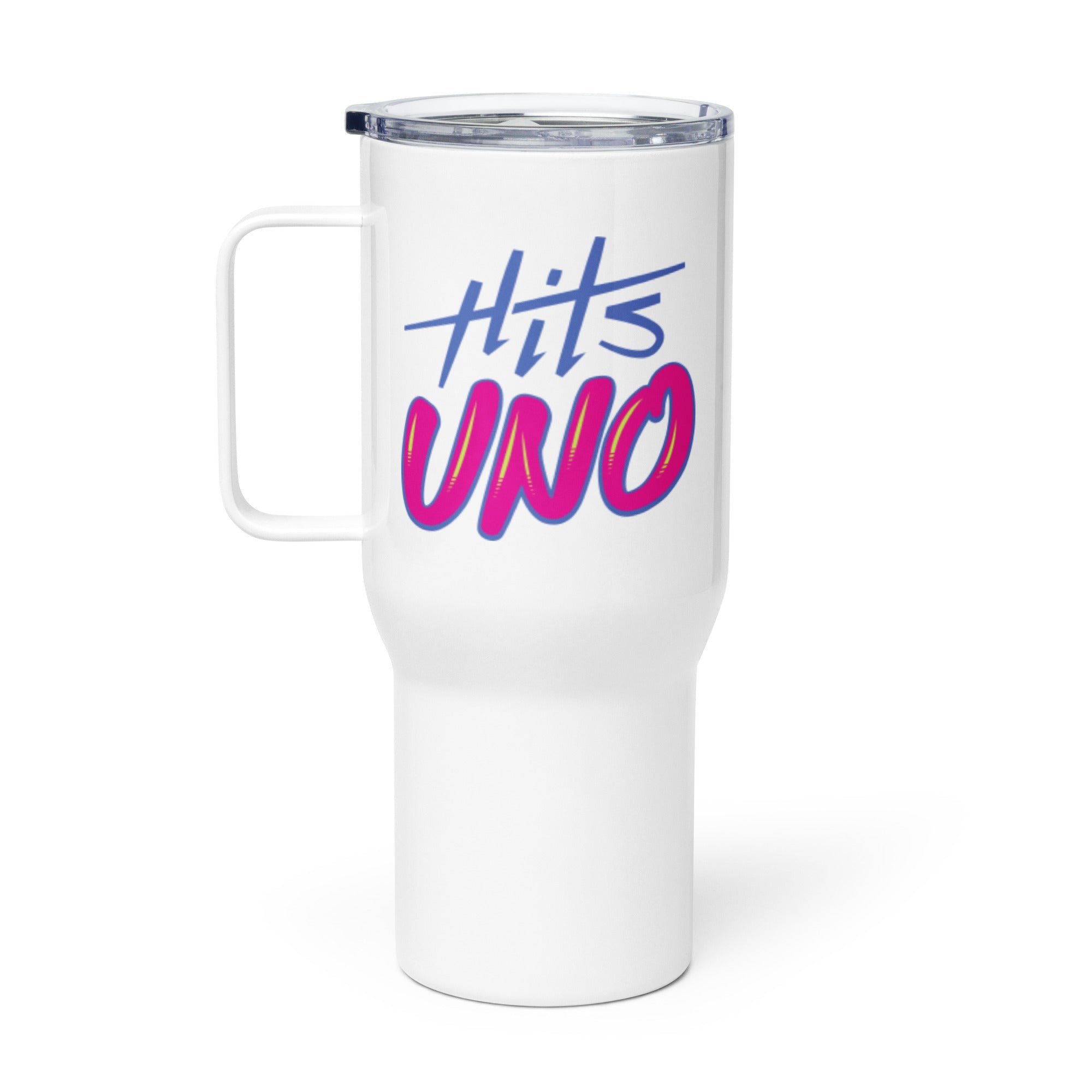 White travel mug with the text 'Hits UNO' in colorful blue and pink, bold typography.