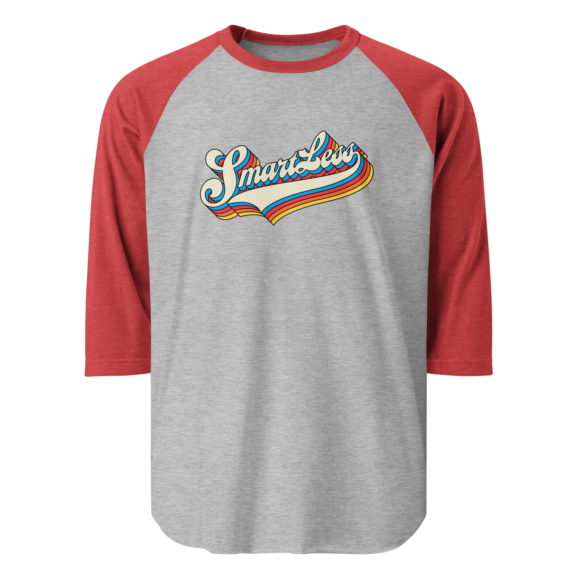 Raglan baseball t-shirt featuring the colorful text 'SmartLess' on an athletic heather background with red sleeves.