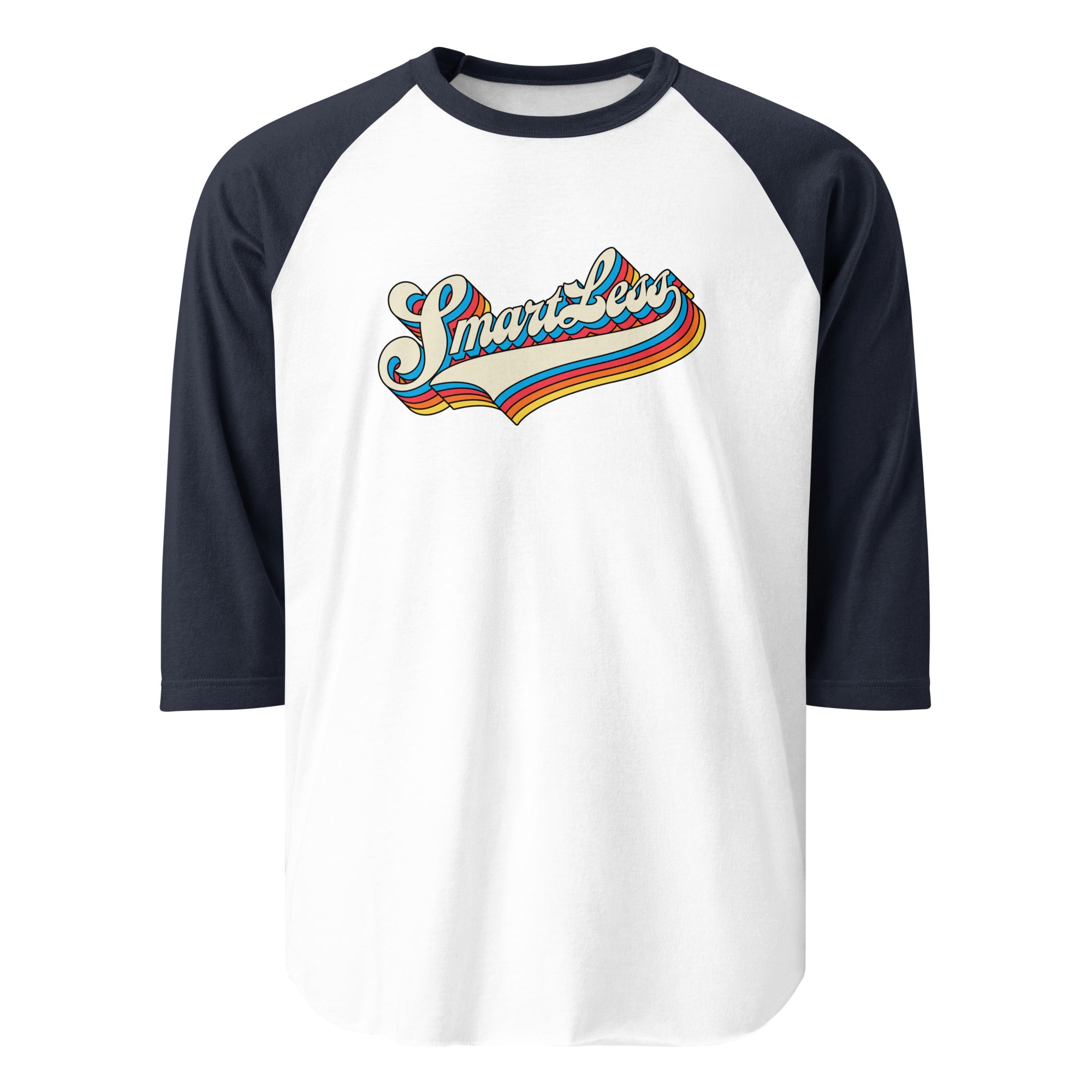 Raglan baseball t-shirt featuring the colorful text 'SmartLess' on a white background with navy sleeves.