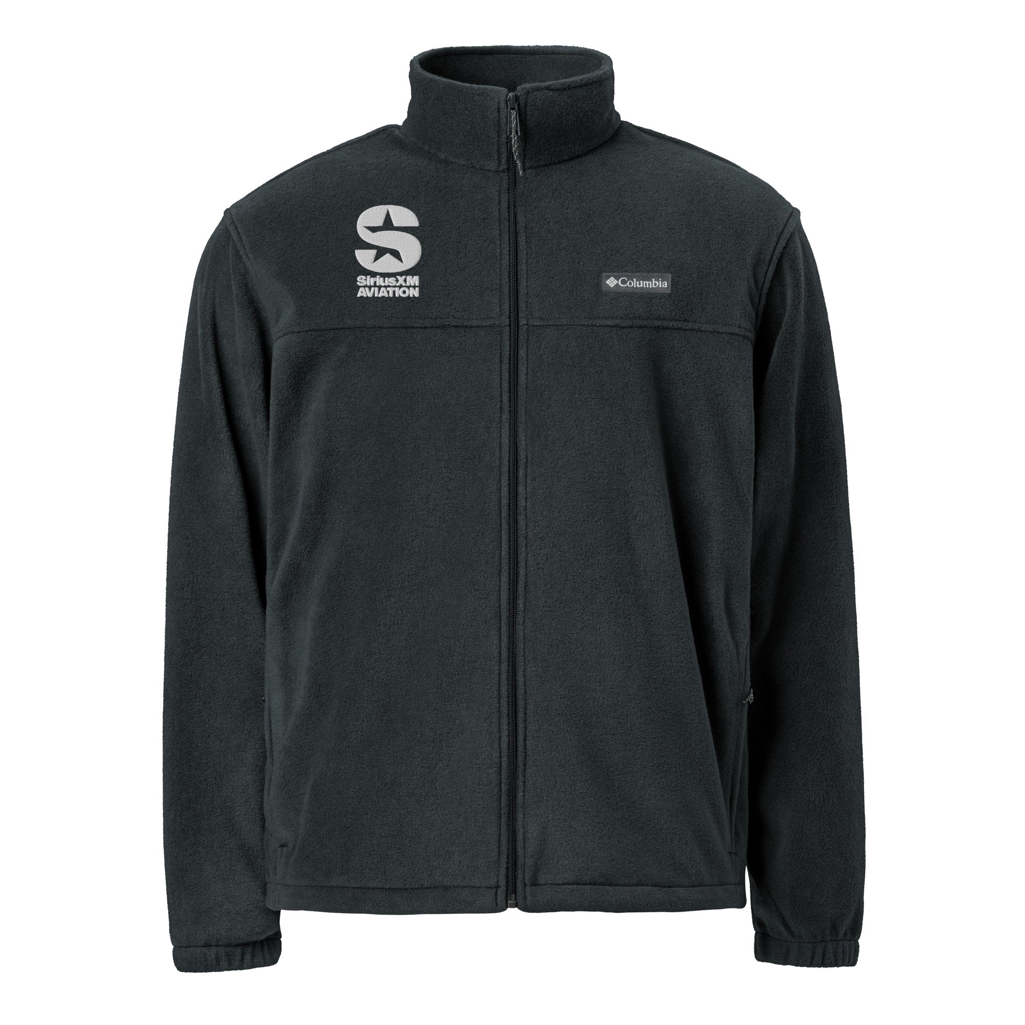 Black fleece jacket with logos for SiriusXM Aviation and Columbia. Zip-up design and high collar.