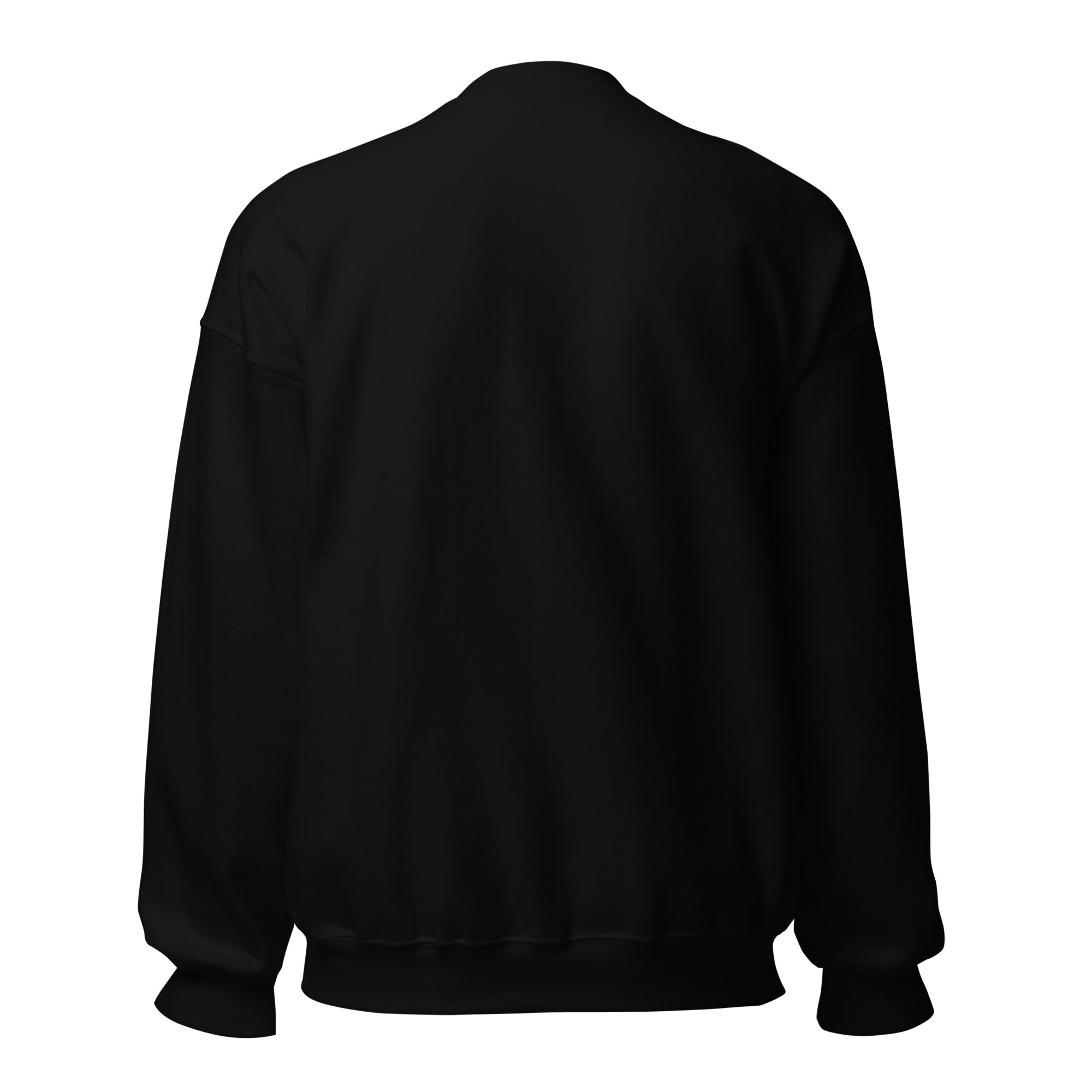 Backside of solid black crewneck sweatshirt against a white background.