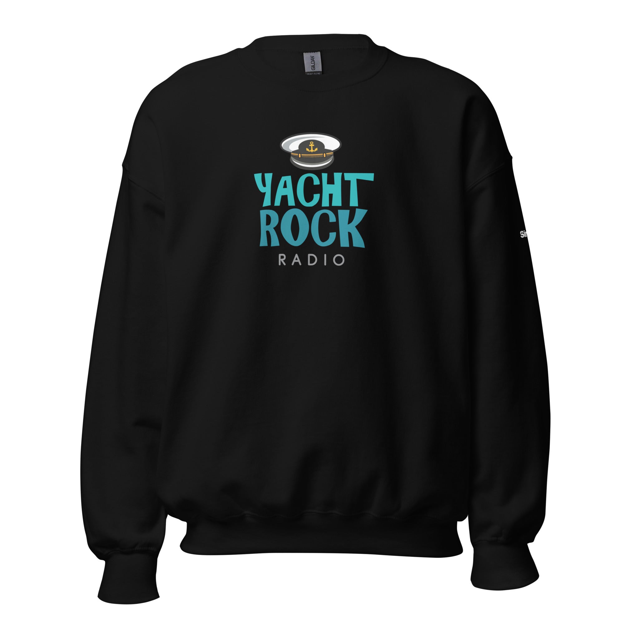 Black sweatshirt featuring 'Yacht Rock Radio' text in tourquoise and seas green and a captain's hat logo.