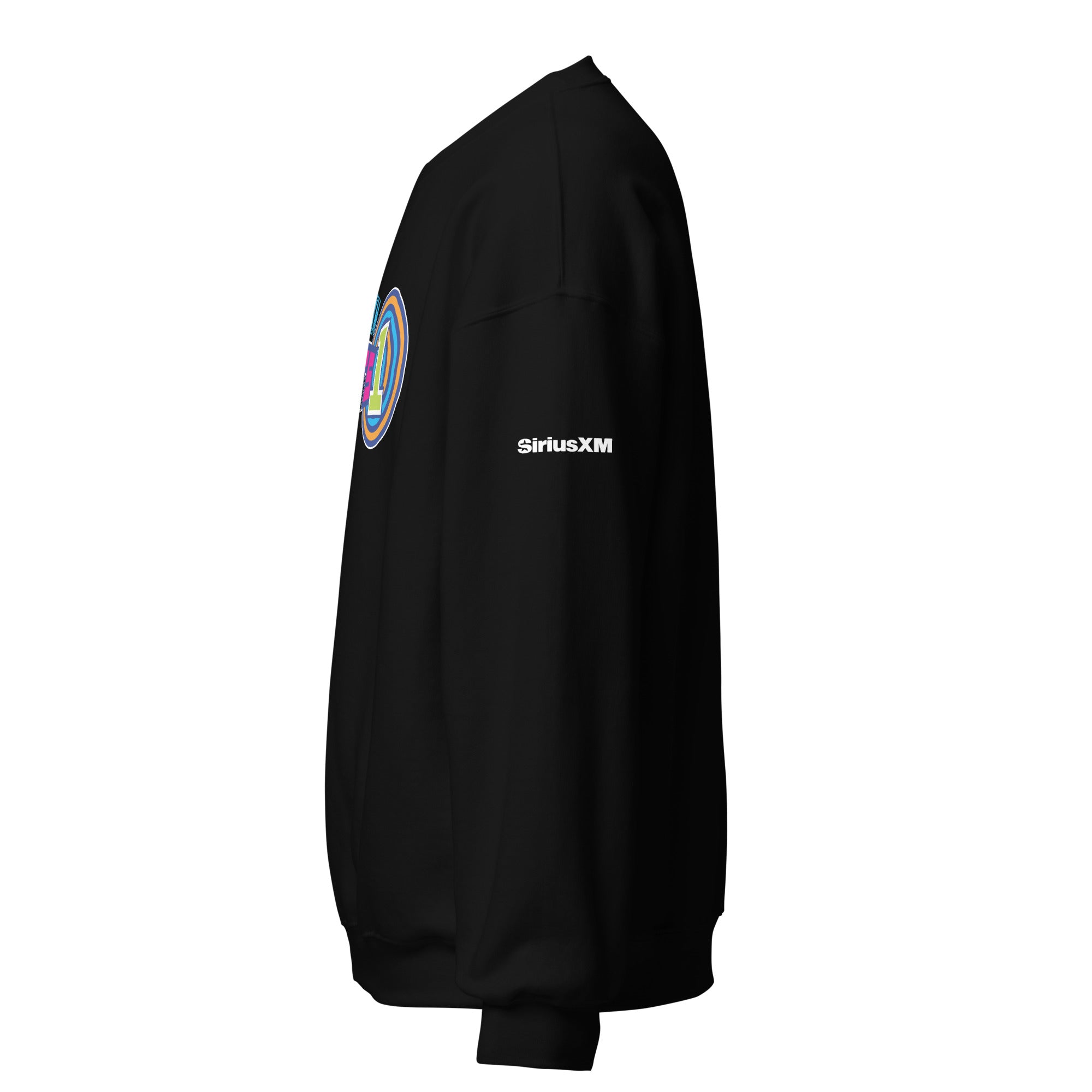 Black sweatshirt featuring 'SiriusXM' branding on the sleeve. Side view.