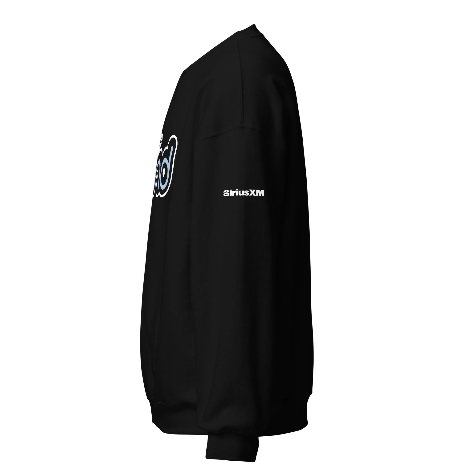 Black sweatshirt with logo on the front and 'SiriusXM' text on the left sleeve. Side view.