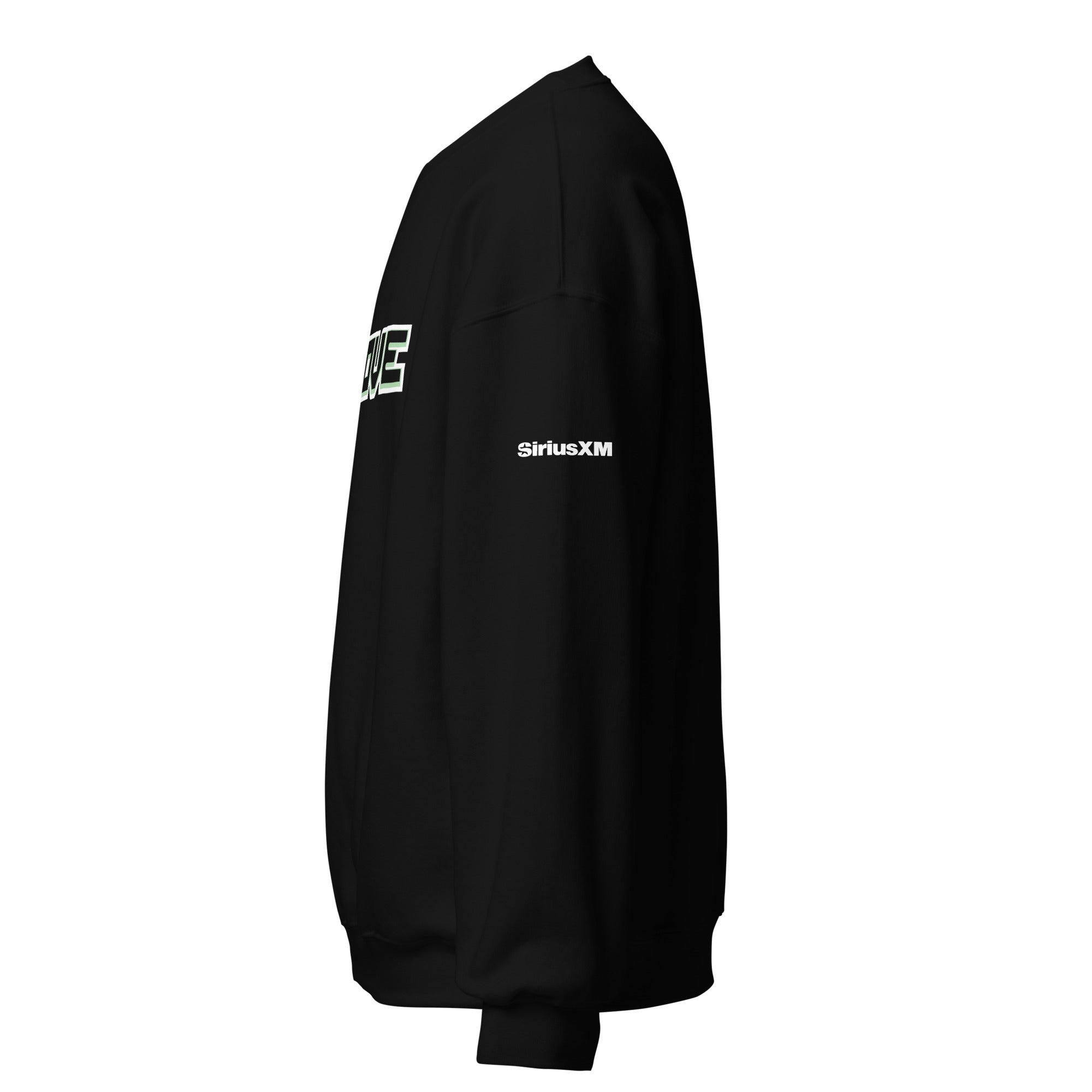 Black sweatshirt with 'SiriusXM' logo on the sleeve.