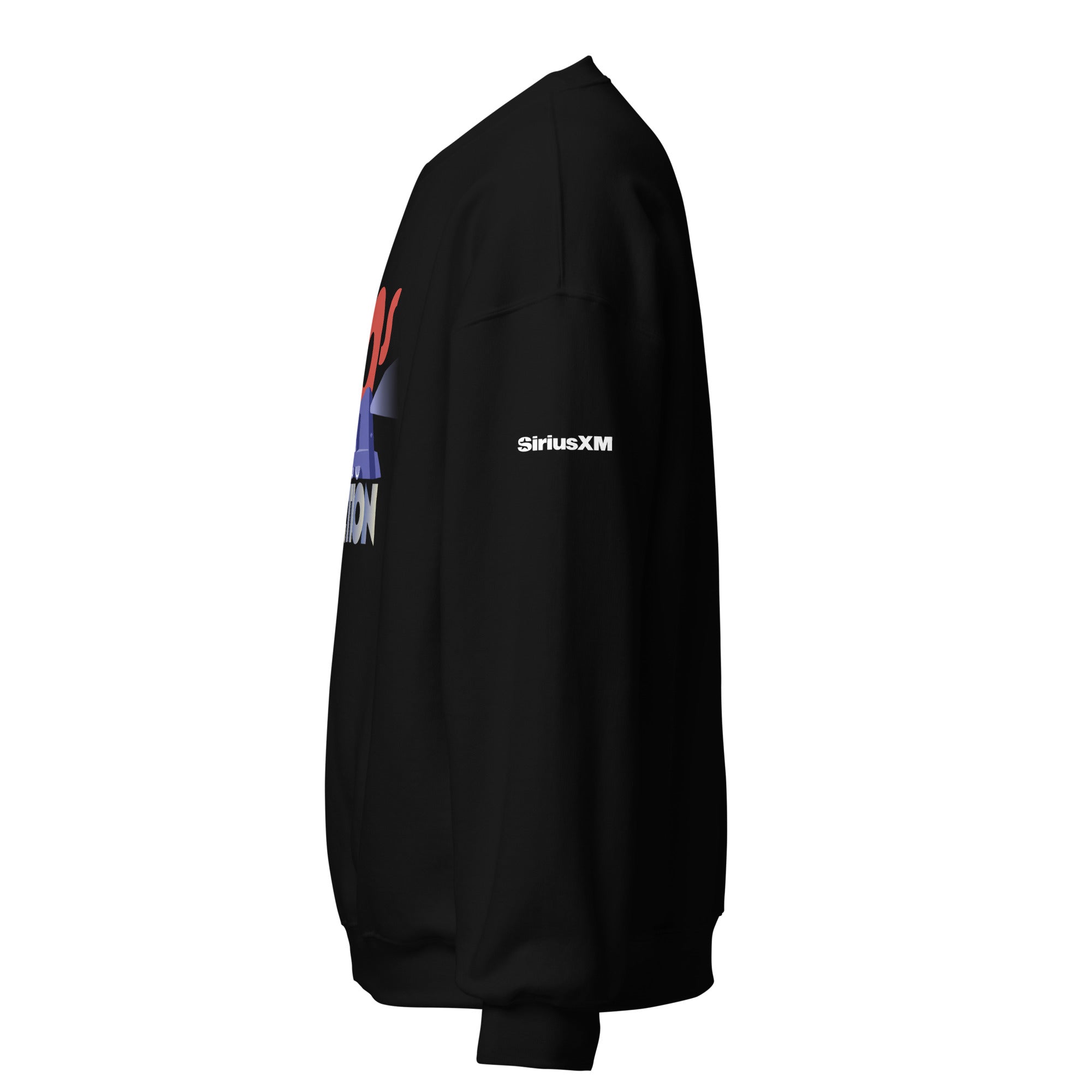 Black sweatshirt with white 'SiriusXM' logo on the sleeve, shown from the side.