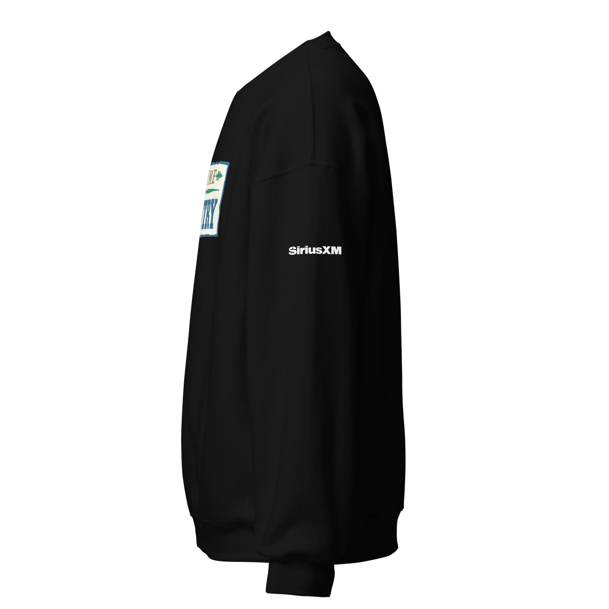 Black sweatshirt featuring 'SiriusXM' logo and a colorful graphic on the front, displayed from the side.