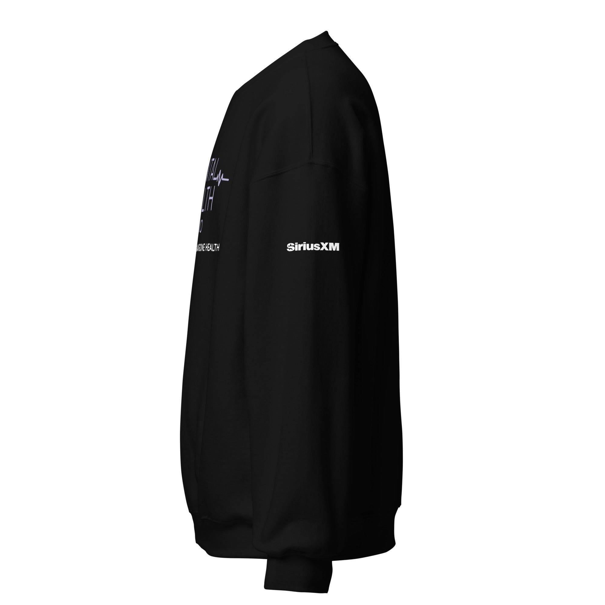 Black sweatshirt viewed from the side, featuring text and a 'SiriusXM' logo on the sleeve.