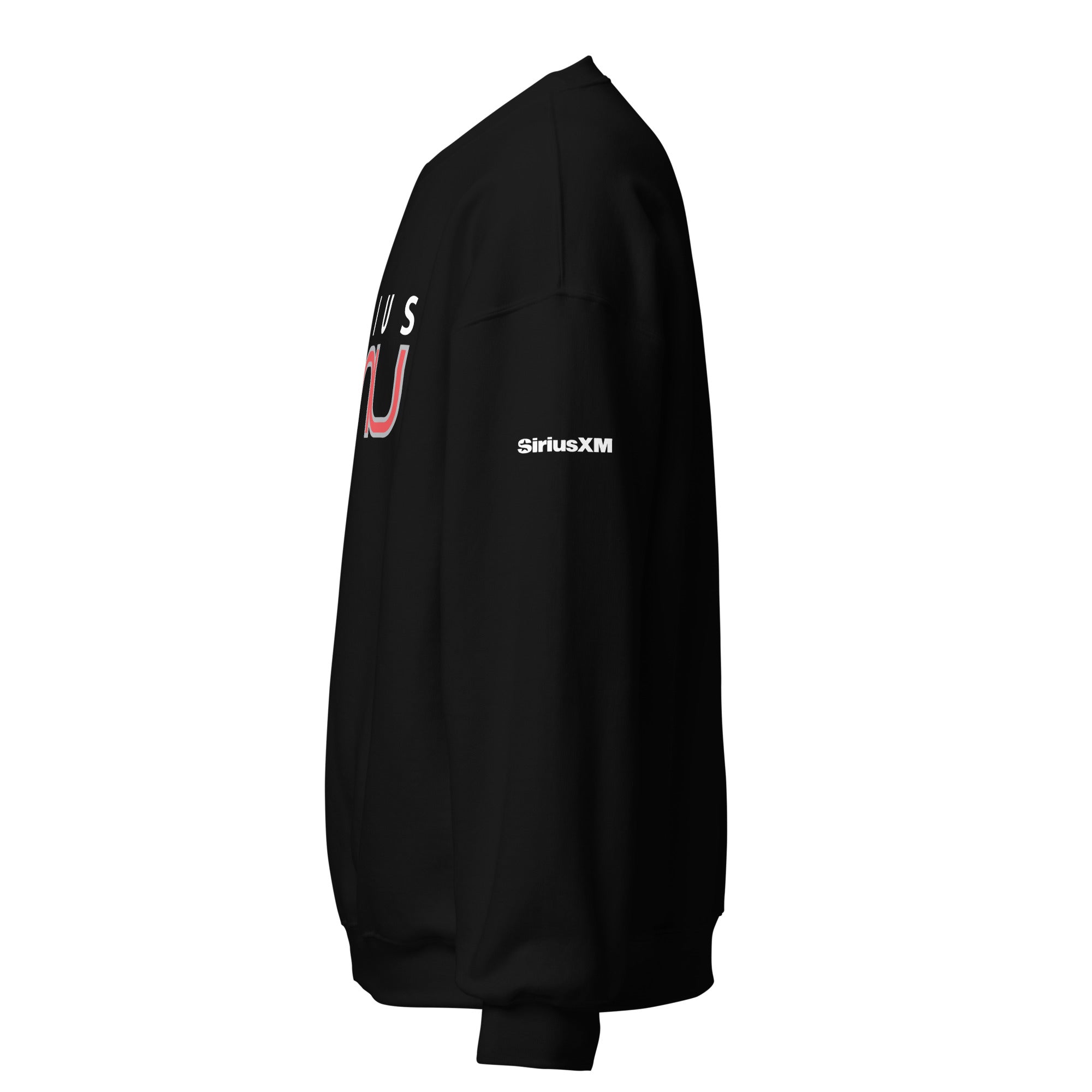 Black sweatshirt featuring 'SiriusXM' logo in white on the sleeve. Side View.