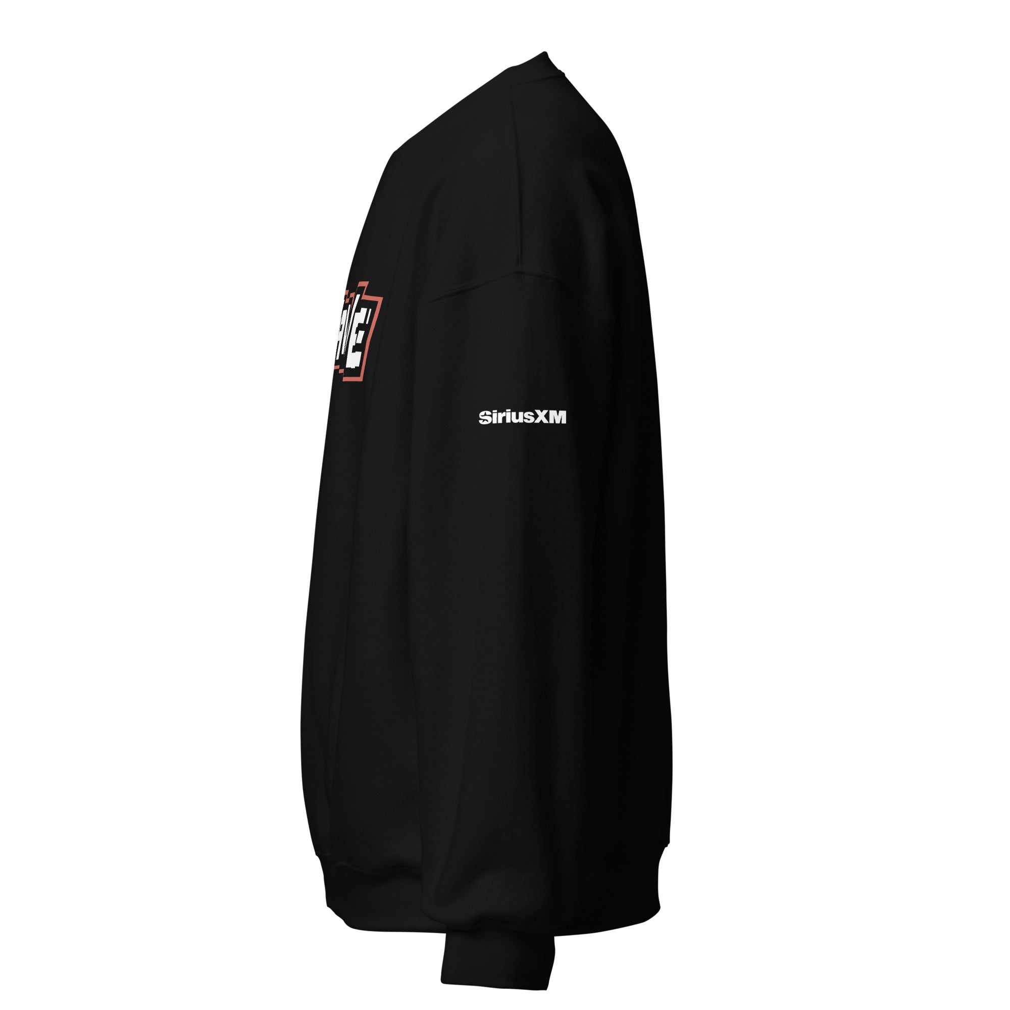 Black sweatshirt with graphic logo on the front and 'SiriusXM' branding on the sleeve.