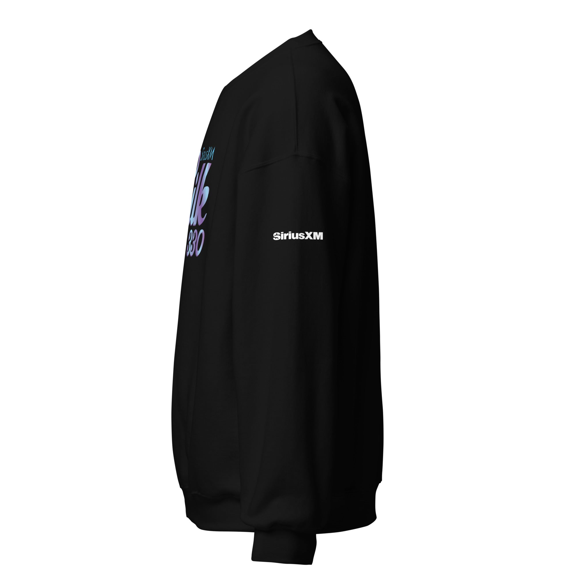 Side view of a black sweatshirt featuring a blue and purple gradient 'SiriusXM Silk 330' font and the SiriusXM logo on the sleeve.