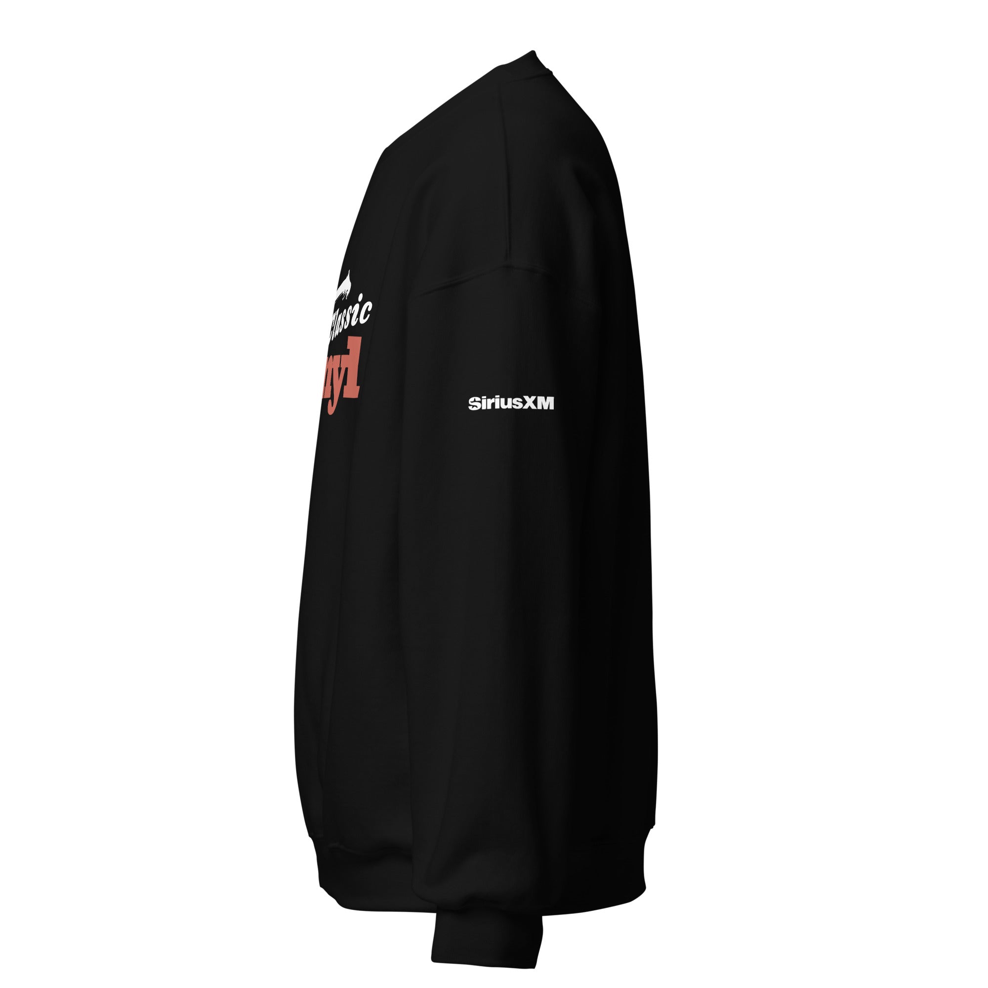 Black sweatshirt featuring 'Classic Vinyl' design and SiriusXM logo on the sleeve. Side view.