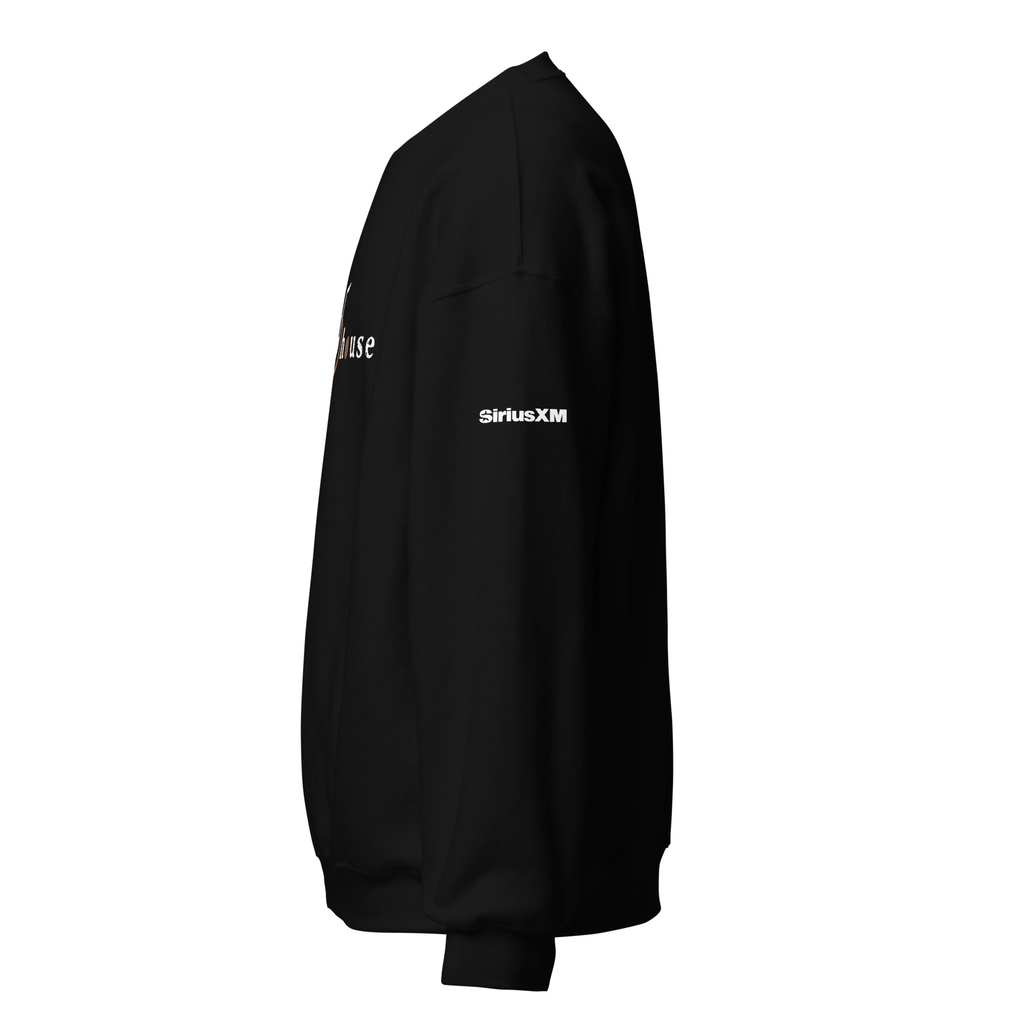 Black sweatshirt with 'SiriusXM' logo on the sleeve, displayed in profile view.