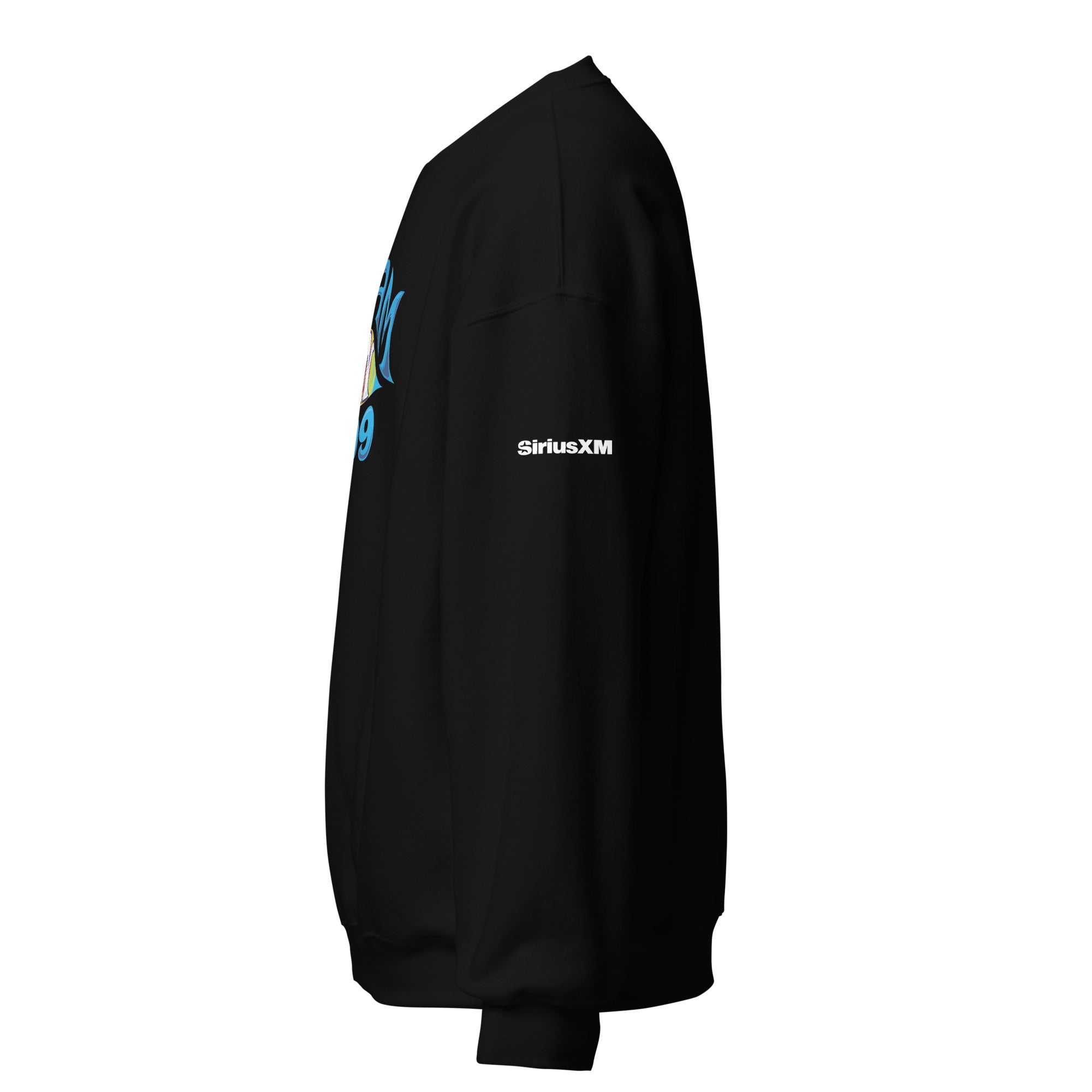 Black sweatshirt with 'SiriusXM' logo on the sleeve. Side view.