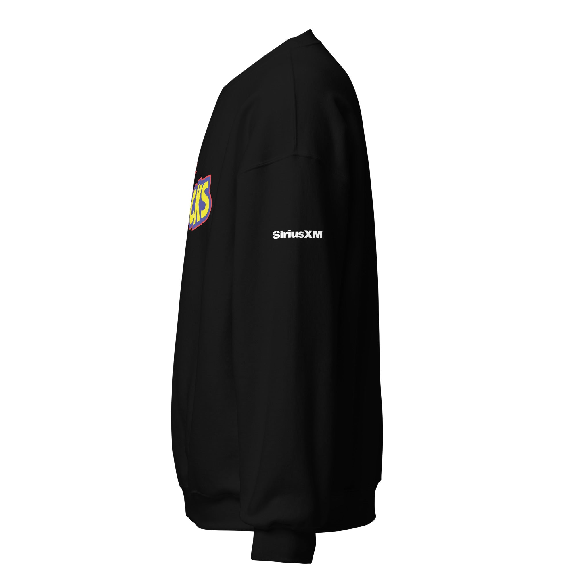 Black sweatshirt with 'SiriusXM' logo on sleeve. Side view.