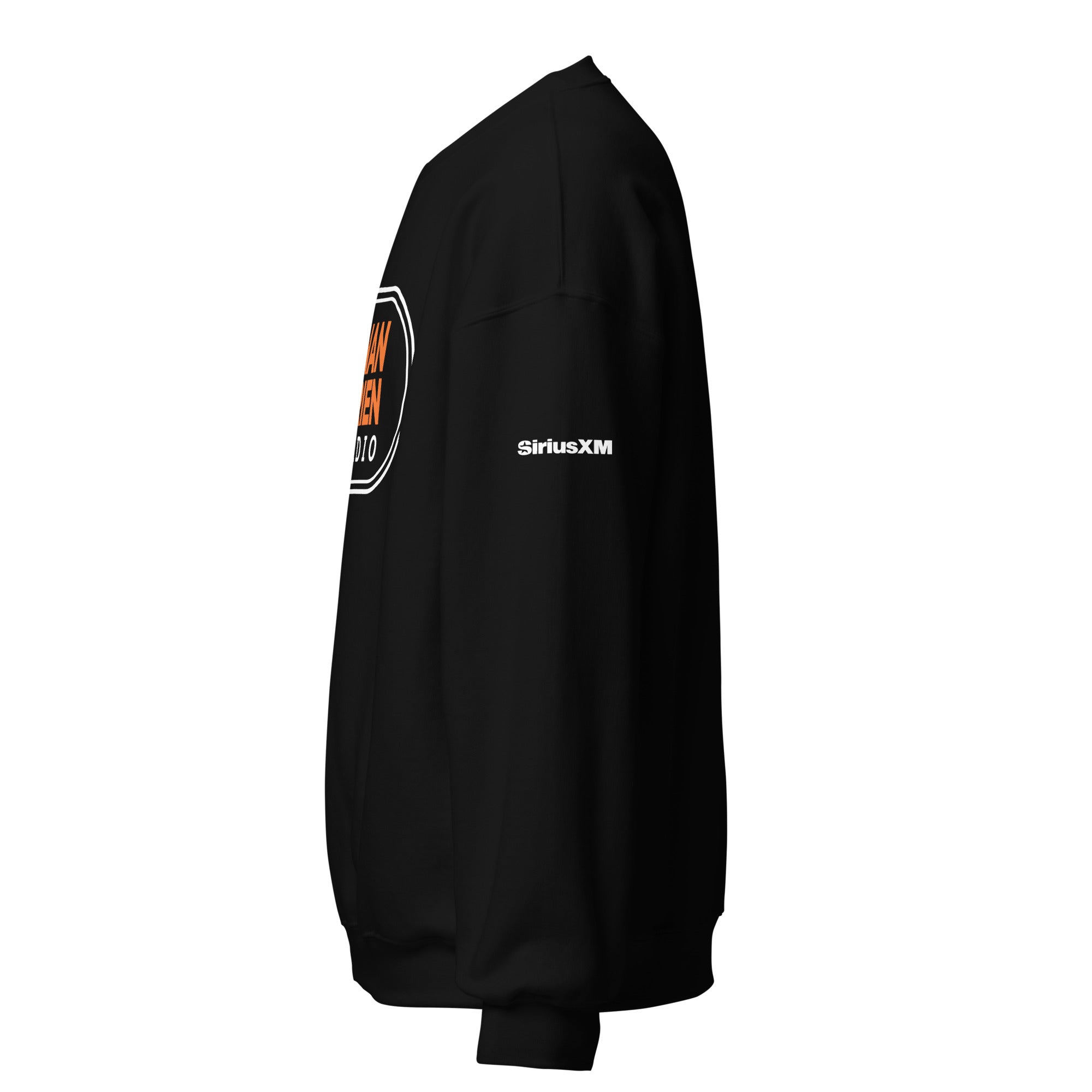 Black sweatshirt featuring 'SiriusXM' logo on the upper sleeve. Side view of the garment.