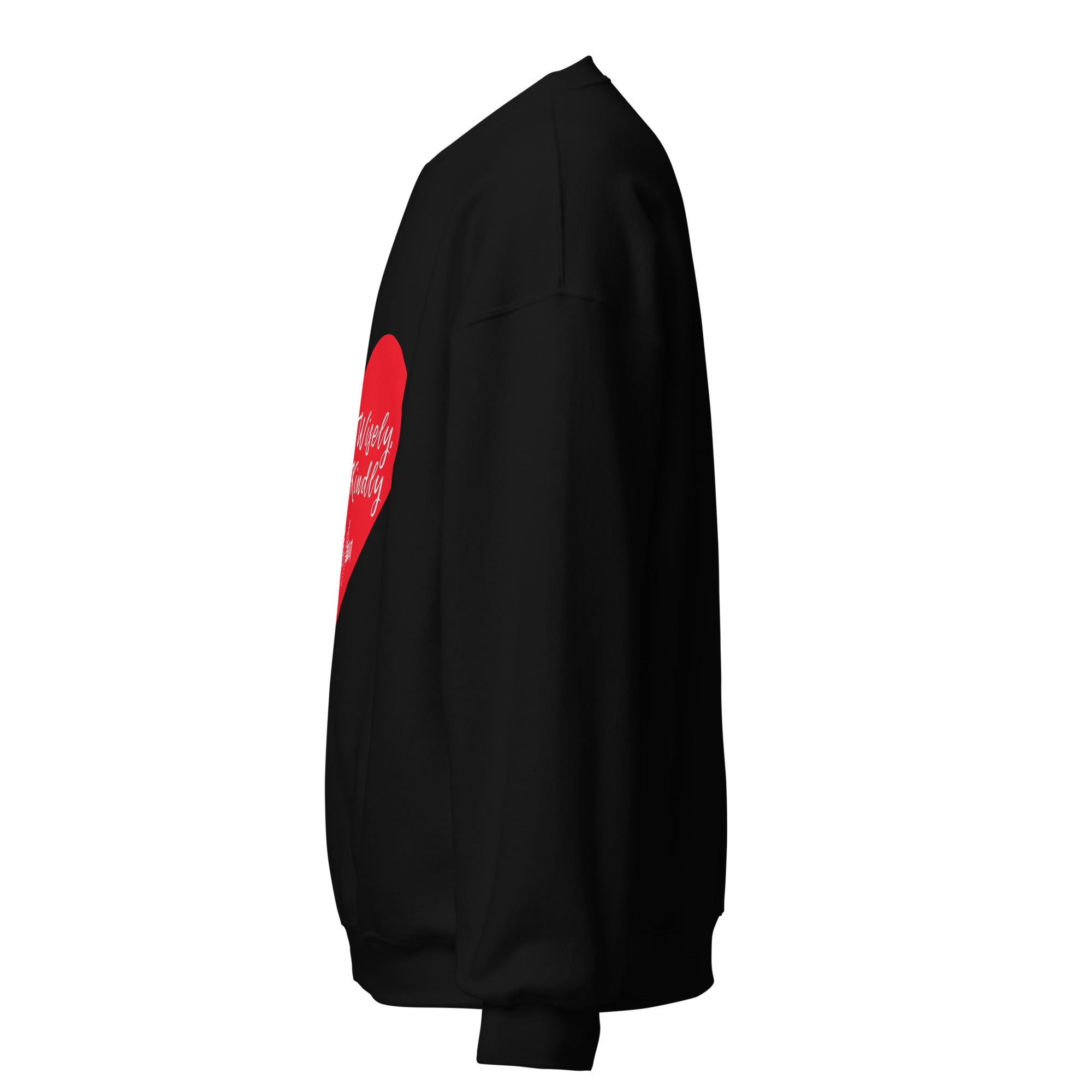 Left side view of black crewneck sweatshirt featuring partially visible red heart and white lettering of frontside graphic against a white background. 