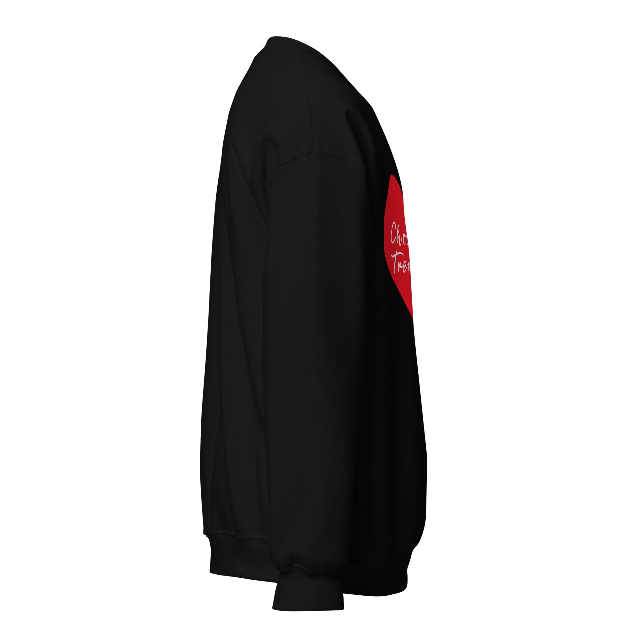 Right side view of black crewneck sweatshirt featuring partially visible red heart and white lettering of frontside graphic against a white background. 